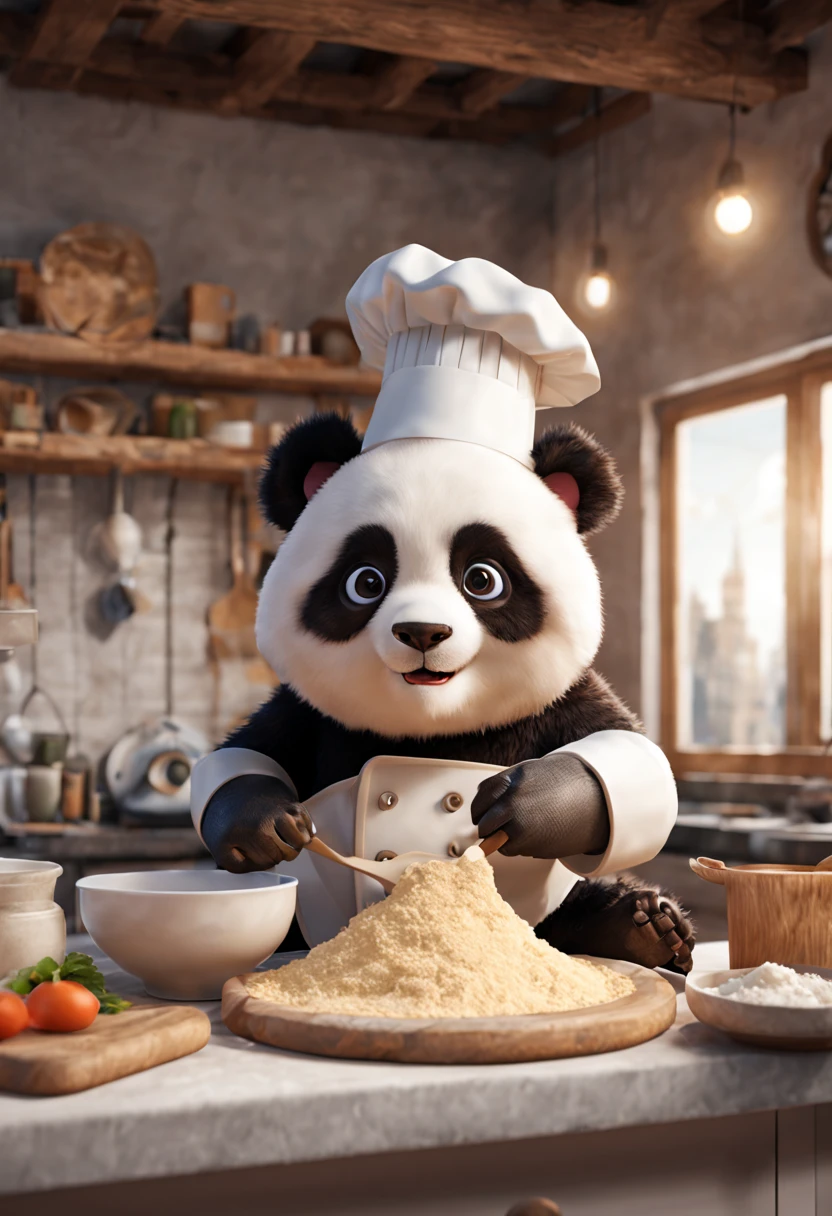 a fluffy panda chef knead the dough, octane render, enhance, intricate, (masterpiece, Representative work, official art, Professional, unity 8k wallpaper:1.3)