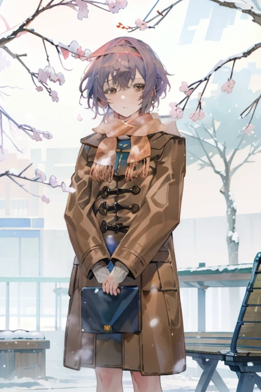 (Masterpiece),(Best Quality), Yuki, brown coat,  a scarf, knees, blank eyes, expressionless face, Park, Waiting, bench, snowing, snowinging, a tree, Nature,