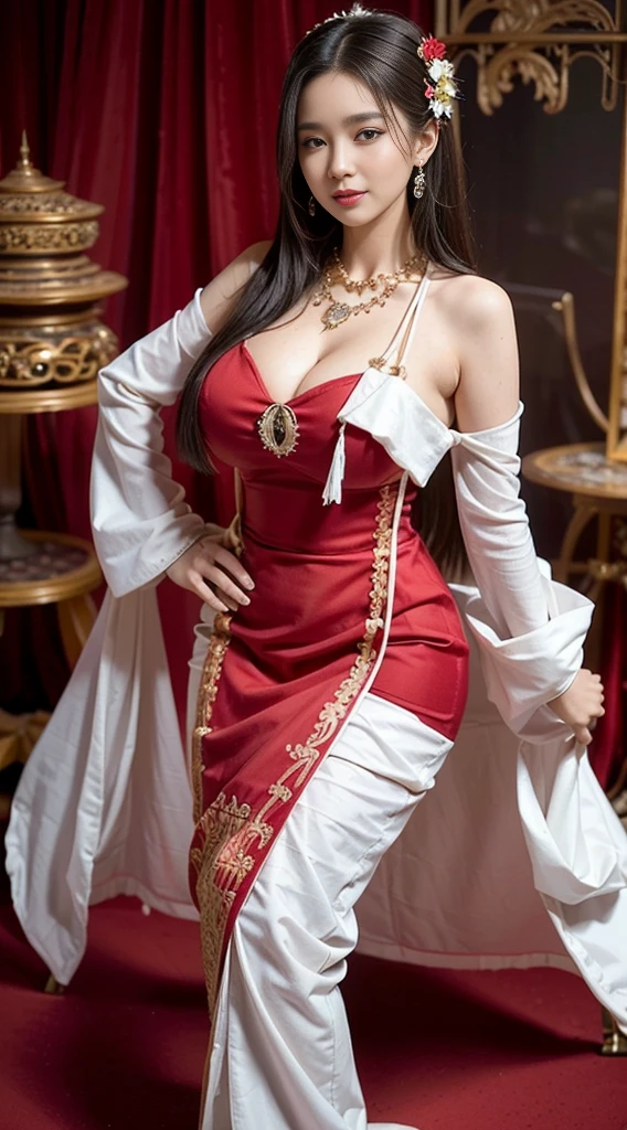 stand out, (Realistic:1.3), insane details, quality, (master-piece:1.2), (ภาพRealistic:1.2), (qualityที่ดีที่สุด), (Detailed skin:1.3), (intricate detailed), ray tracing, ((Full body)), ((1woman)), (((1man))), 18-20 years old, ((long-haired, Very long., ปล่อยlong-haired)), smile, Red Dresses, white shoulder coat, thin, red skirt with pattern, The color of the dress contrasts with the skirt., skirt pattern, earrings, necklace, Javanese jewelry, (blurred background), breast cleavage, huge breast,, Beautiful breast, Big breast augmentation, elongated legs, Fair-skinned, attractive, stand, on the crate,