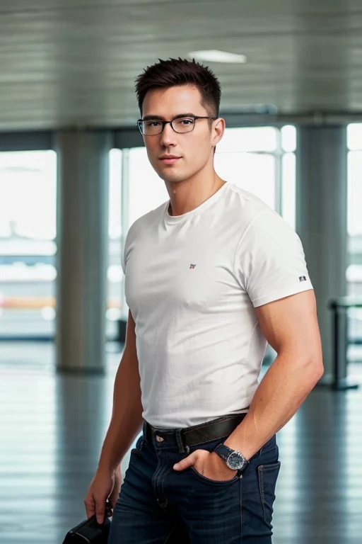 1male,
 masculine, 30 years old., full entire body, walk, (Jeans,Official shirt, coop) master-piece, beste-Qualit, Body Parts., full entire body, Shapely, Good looking, 8k UHD, DSLR, grain of film, Fujifilm XThotoreistic realistic art illustration by midjourney and greg rutkowski..., (environment,Inside the airport terminal building). (eyeglasses, black, Rebranding.),