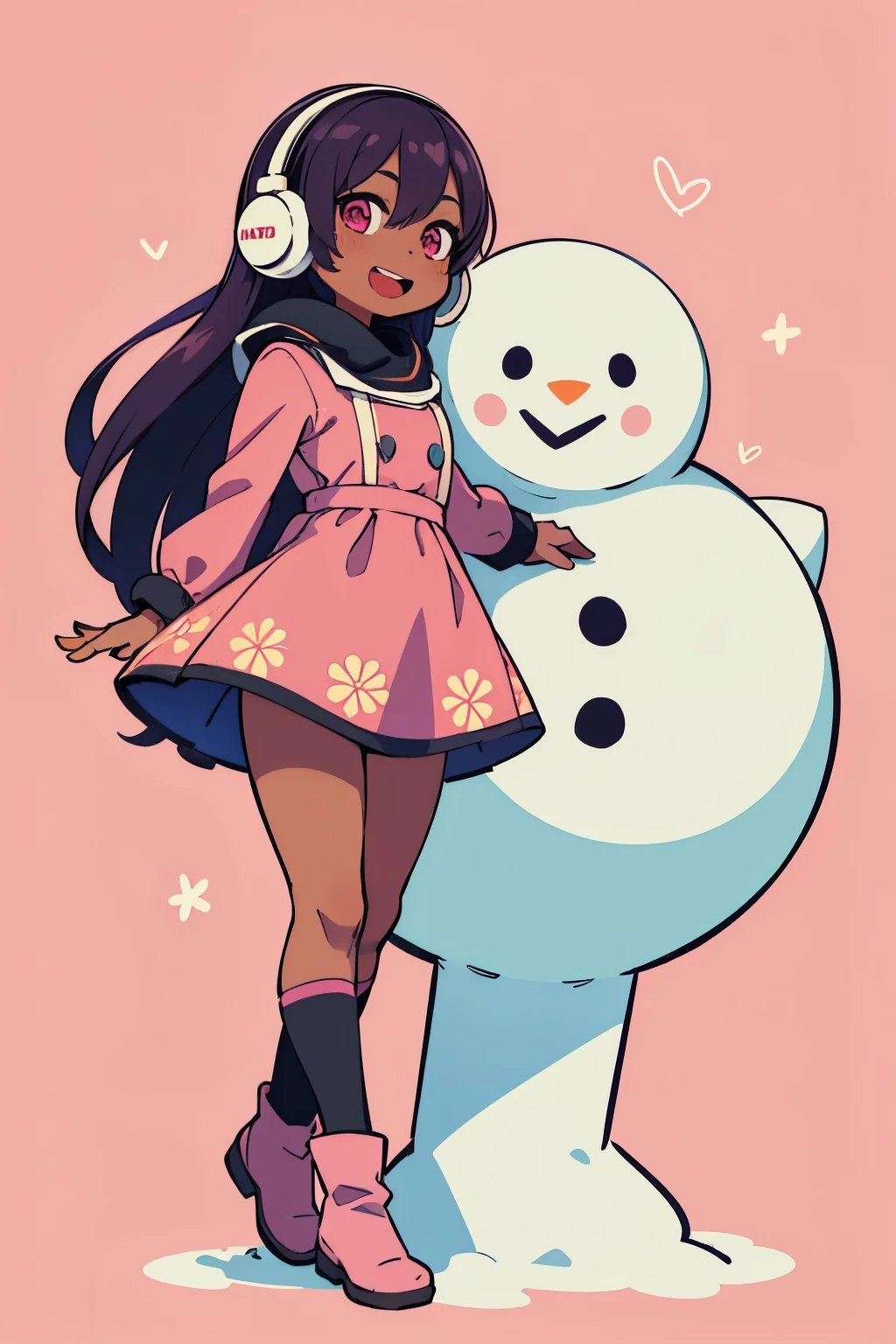 Stand in front of the photo、1girl in, (((dark skin))), Full body,long pink hair,long boots,Open mouth and big smile、kawaii pose、Flowing iridescent silk、Wearing colored tights、up of face、Eye Up、Colorcon with heart pattern、Floral dress、Posing with a snowman、snowscape、season!!: Winters☀ 🍂, snow, (pink background), earmuffs, cold