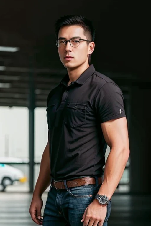 1male,
masculine, 30 years old., full entire body, walk, (Jeans,Official shirt, coop),(สีเสื้อผ้าแบบcoop), master-piece, beste-Qualit, Body Parts., full entire body, Shapely, Good looking, 8k UHD, DSLR, grain of film, Fujifilm XThotoreistic realistic art illustration by midjourney and greg rutkowski..., (environment,Inside the passenger building,airport). (eyeglasses, black, Rebranding.),