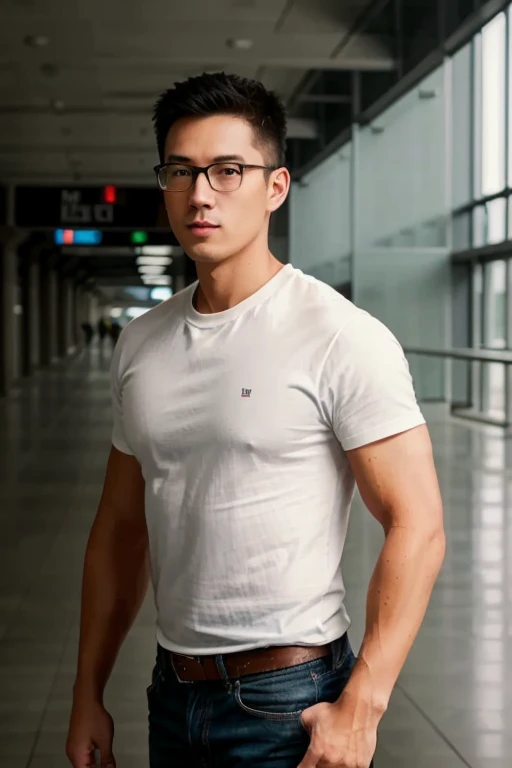 1male,
masculine, 30 years old., full entire body, walk, (Jeans,Official shirt, coop),(สีเสื้อผ้าแบบcoop), master-piece, beste-Qualit, Body Parts., full entire body, Shapely, Good looking, 8k UHD, DSLR, grain of film, Fujifilm XThotoreistic realistic art illustration by midjourney and greg rutkowski..., (environment,Inside the passenger building,airport). (eyeglasses, black, Rebranding.),