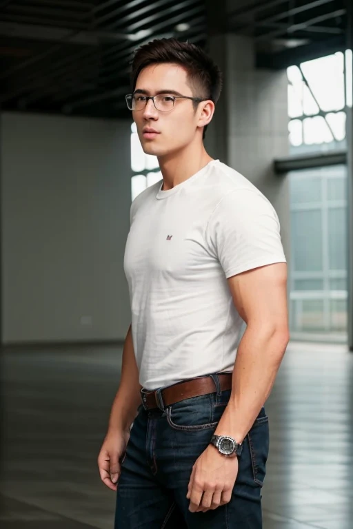 1male,
masculine, 30 years old., full entire body, walk, (Jeans,Official shirt, coop),(สีเสื้อผ้าแบบcoop), master-piece, beste-Qualit, Body Parts., full entire body, Shapely, Good looking, 8k UHD, DSLR, grain of film, Fujifilm XThotoreistic realistic art illustration by midjourney and greg rutkowski..., (environment,Inside the passenger building,airport). (eyeglasses, black, Rebranding.),