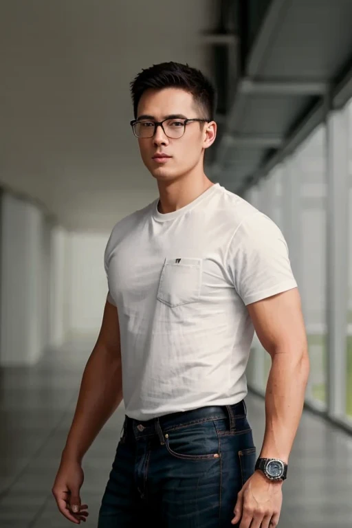1male,
masculine, 30 years old., full entire body, walk, (Jeans,Official shirt, coop),(สีเสื้อผ้าแบบcoop), master-piece, beste-Qualit, Body Parts., full entire body, Shapely, Good looking, 8k UHD, DSLR, grain of film, Fujifilm XThotoreistic realistic art illustration by midjourney and greg rutkowski..., (environment,Inside the passenger building,airport). (eyeglasses, black, Rebranding.),