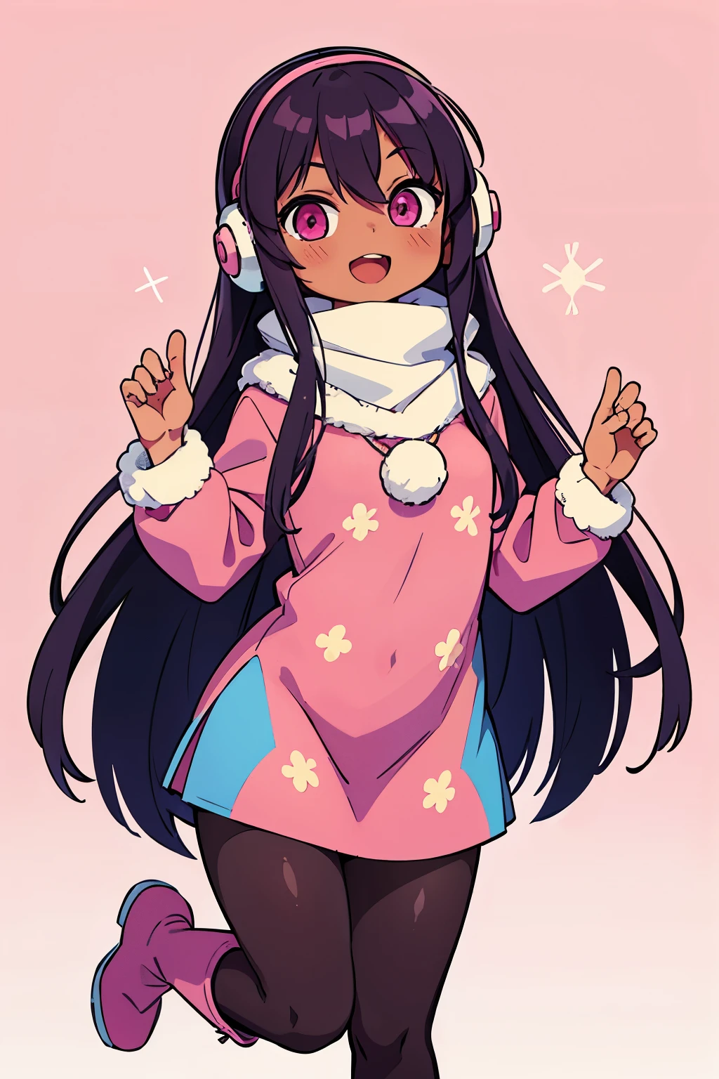 Stand in front of the photo、1girl in, (((dark skin))), Full body,long pink hair,long boots,Open mouth and big smile、kawaii pose、Flowing iridescent silk、Wearing colored tights、up of face、Eye Up、Colorcon with heart pattern、Floral dress、Posing with a snowman、snowscape、season!!: Winters☀ 🍂, snow, (pink background), earmuffs, cold