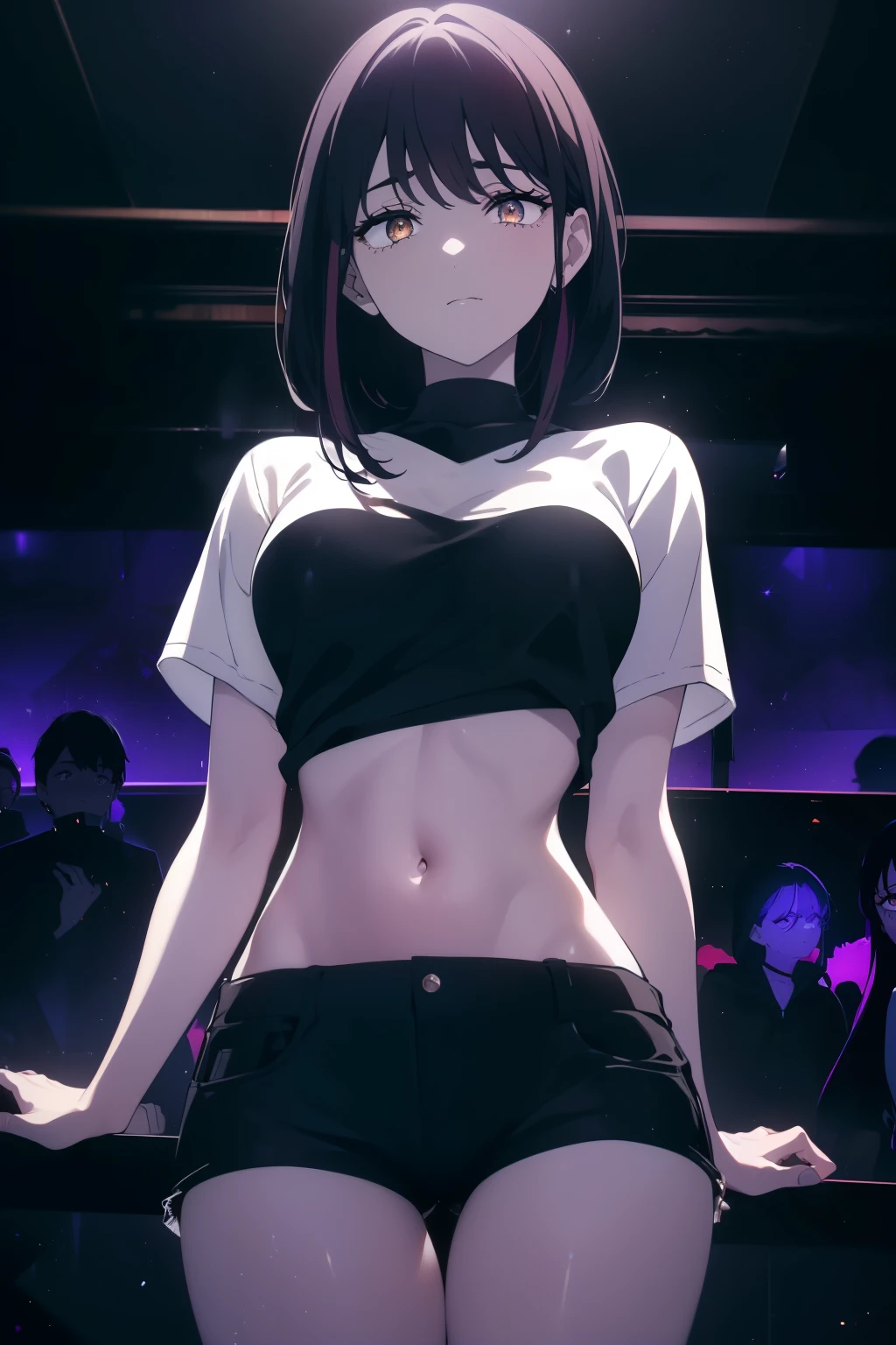 ((((Obra maestra, La mejor calidad, ultrahigh resolution)))), 1girl, happy expression on face:1.5, ((standing in a club waiting for someone)), (white t-shirt, jean shorts), (long black hair, long dark black hair), pale skin, ((brown eyes)), (glowing_eyes), ((ultra detailed eyes:0.7, beautiful and detailed face, detailed eyes:0.9)), ((centered)), ((over joyed expression)), ((wide shot)), facing viewer, (((indoor part, purple and black lights, black dancing silhouettes:0.9, rave:1))), medium breasts, looking at viewer, ((perfect hands)), (((head:1, arms, hips in view, elbows, thighs, in view))), lively eyes, ((beautiful lighting)), outside, outdoors, background, defined subject, 25 years old, (head tilt), (((cool gaze))), (((lively))), ((twirling)), ((holding her arm shyly)), (hand on arm), (((half closed eyes)))