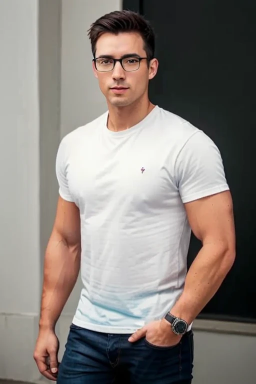 1male,
masculine, 30 years old., full entire body, walk, (Jeans,Official shirt, coop) master-piece, beste-Qualit, Body Parts., full entire body, Shapely, Good looking, 8k UHD, DSLR, grain of film, Fujifilm XThotoreistic realistic art illustration by midjourney and greg rutkowski...., (environment,café). (eyeglasses, black, Rebranding.),
