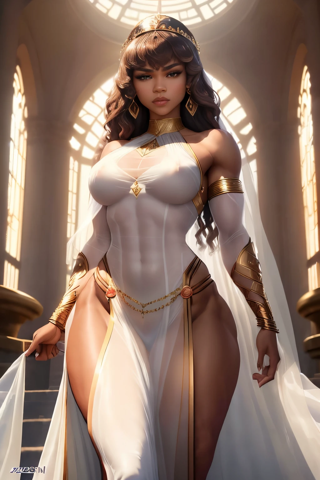 (Zendaya Coleman:1.3), (Goddess of beauty, goddess of love:1.3), busty, (muscular, strong muscles, abs, biceps, triceps:1.2), hourglass figure, massive breasts, revealing toga, wearing a very thin sheet, transparent outfit, gauzy gown, (extreme detail, best quality, 8k:1.3), regal pose, majestic pose, ethereal pose