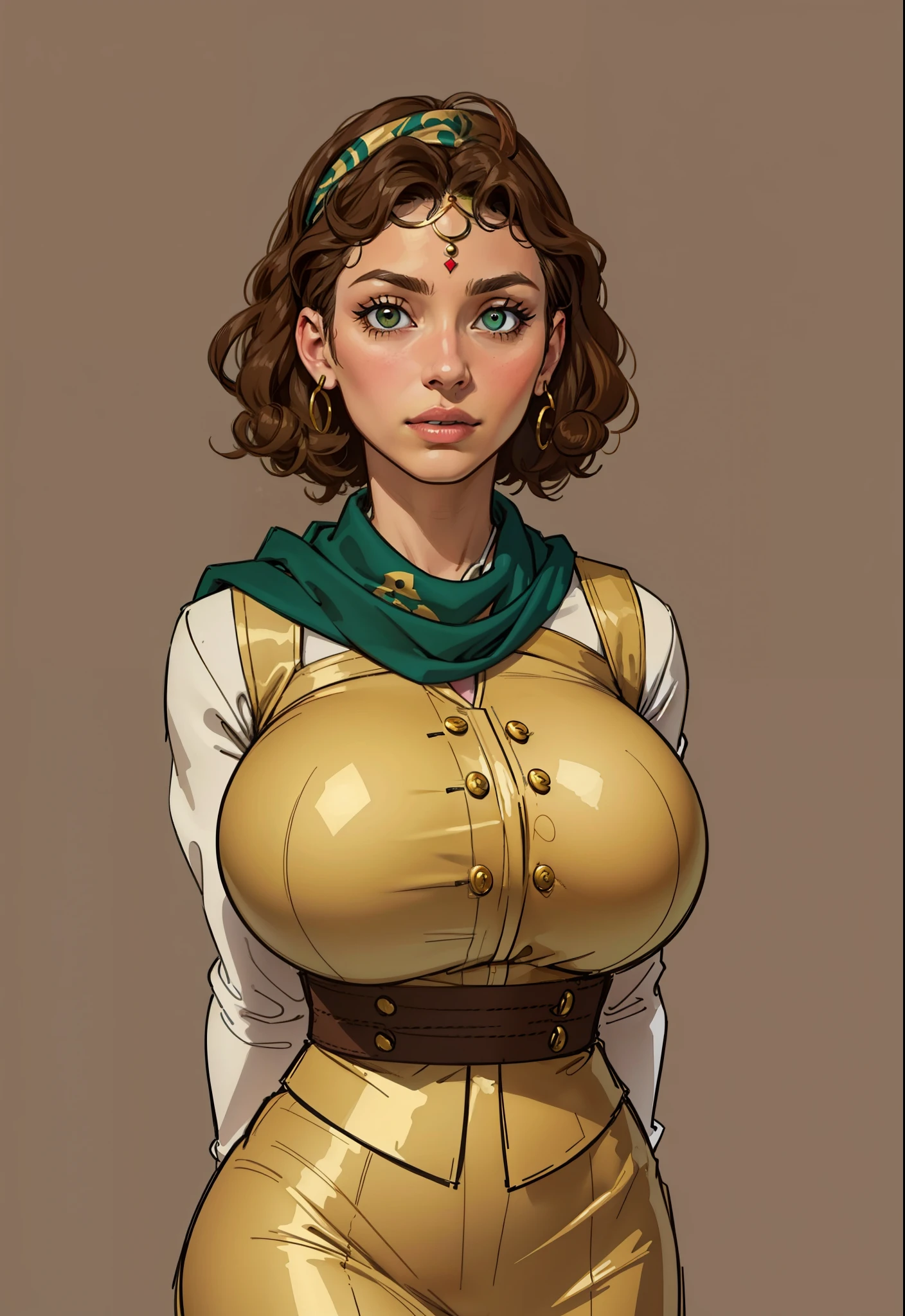 uma menina pirates wearring realistic pirates cloths,30 years old, latina face looking up, ((curly hair)) , ((gigantic breasts)), (gypsy), brown skin, mature, short hair, Stand up, maquiagem, Lips are soft or colored,  light, uncontrasted,  flat wallpaper background, silhuetas simples, lineart, minimalist, green eyes, ((gold bandana on forehead))