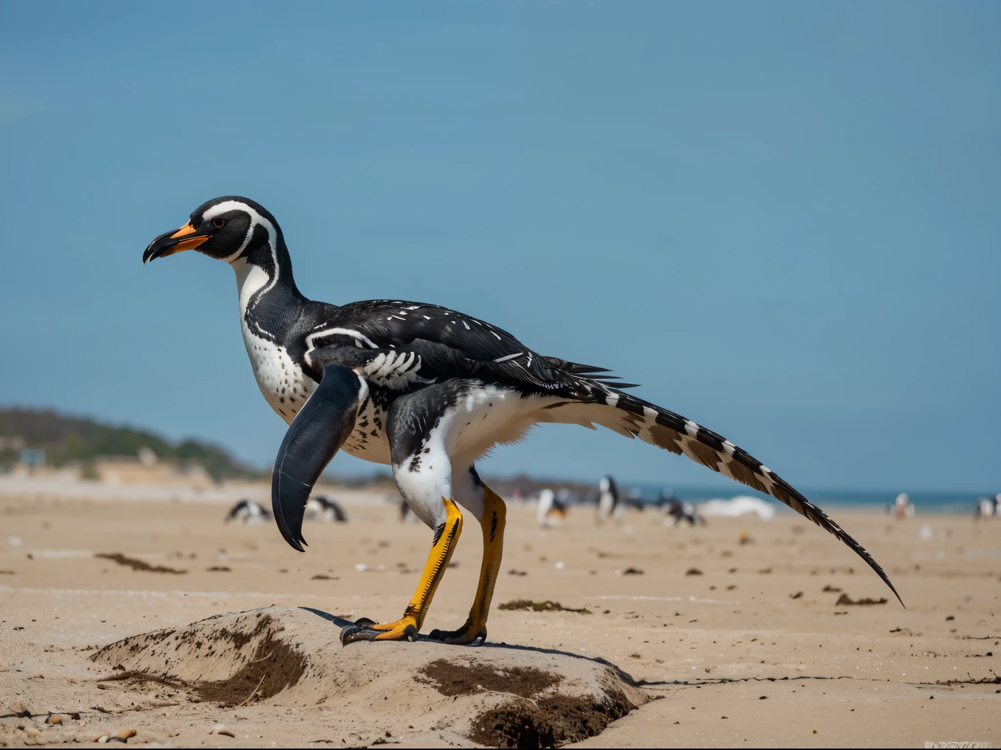 Imaginative crossbreed of Penguin mix with Velociraptor and Chicken, photorealistic, hybrid animal, hyper detail, Bokeh background, full body, realistic, realism, animal photography, documentary