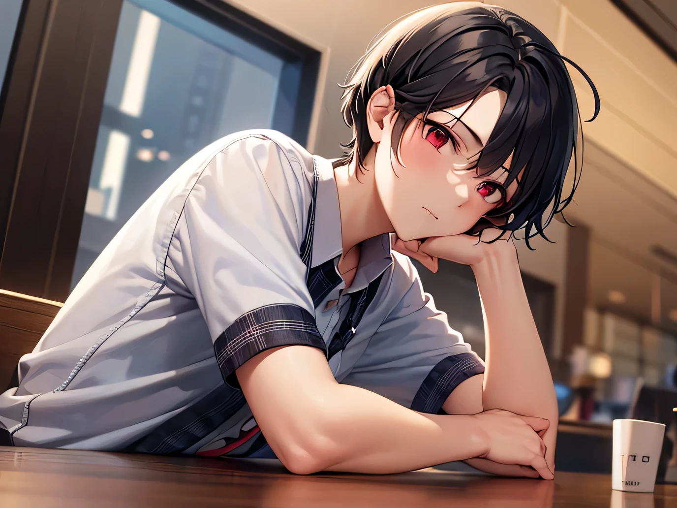 masterpiece、hightquality、Night, Angle from below, low angles, (25 year old man with short black hair and red eyes:1.5)、Wears a white shirt、(Alone:1.5)、(serious facial expression:1.1)、Open mouth, Close-up of your face、(Only the upper body is shown.:1.3)、The background is a restaurant、sitting on、Bold composition、
