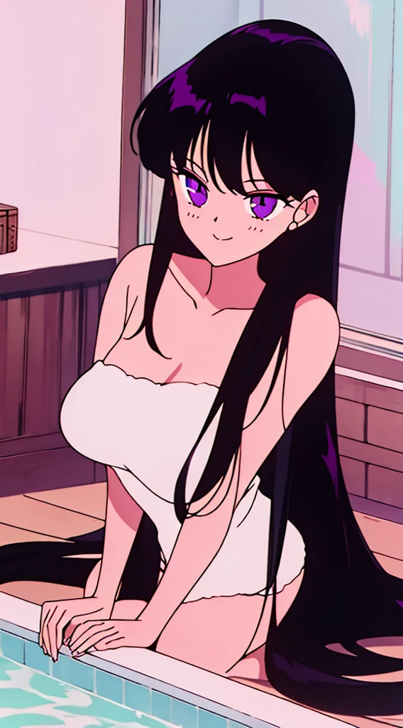a beauty girl、long black hair, purple eyes, Upper body visible、Upper body naked、Stone closed room、bath towels、After taking a bath、In front of a wall, seductive, smile, lying down on the floor, sitting poses, candles on the floor, light candles, in a dark room, glowing bright,