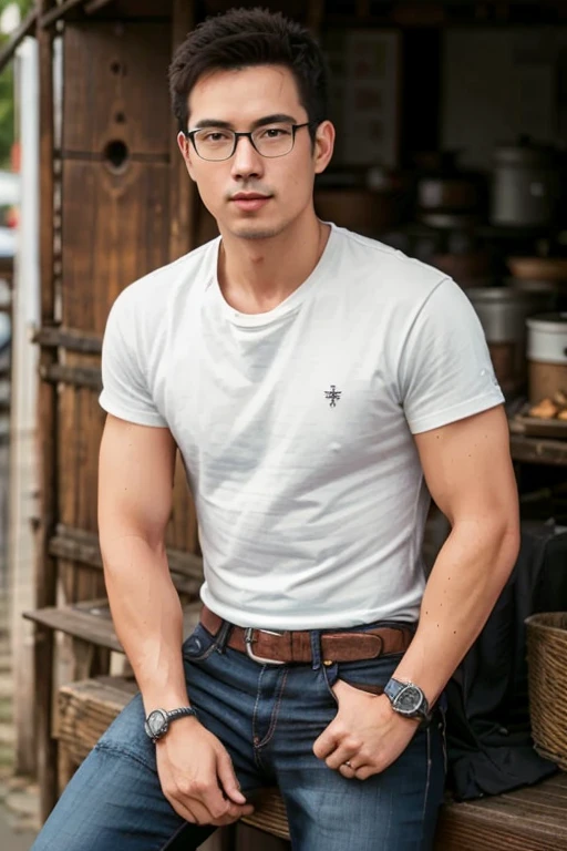 1male, masculine, 30 years old., (Formal costume, Jeans, t-shirt,Random colors),. (eyeglasses, black, Rebranding.), (Stelle, road, market,), (environment, Street food stalls, friend, masculine, Female,)., (manners, Seated, stand, speak...., eat,.),master-piece, คุณภาพดีStelleสุด, Body Parts., full entire body, Shapely, Good looking, 8k UHD, DSLR, grain of film, Fujifilm XThotorealistic art illustration by midjourney and greg rutkowski,