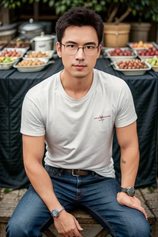 1male, masculine, 30 years old., (Formal costume, Jeans, t-shirt,Random colors),. (eyeglasses, black, Rebranding.), (Stelle, road, market,), (environment, Street food stalls, friend, masculine, Female,)., (manners, Seated, stand, speak...., eat,.),master-piece, คุณภาพดีStelleสุด, Body Parts., full entire body, Shapely, Good looking, 8k UHD, DSLR, grain of film, Fujifilm XThotorealistic art illustration by midjourney and greg rutkowski,