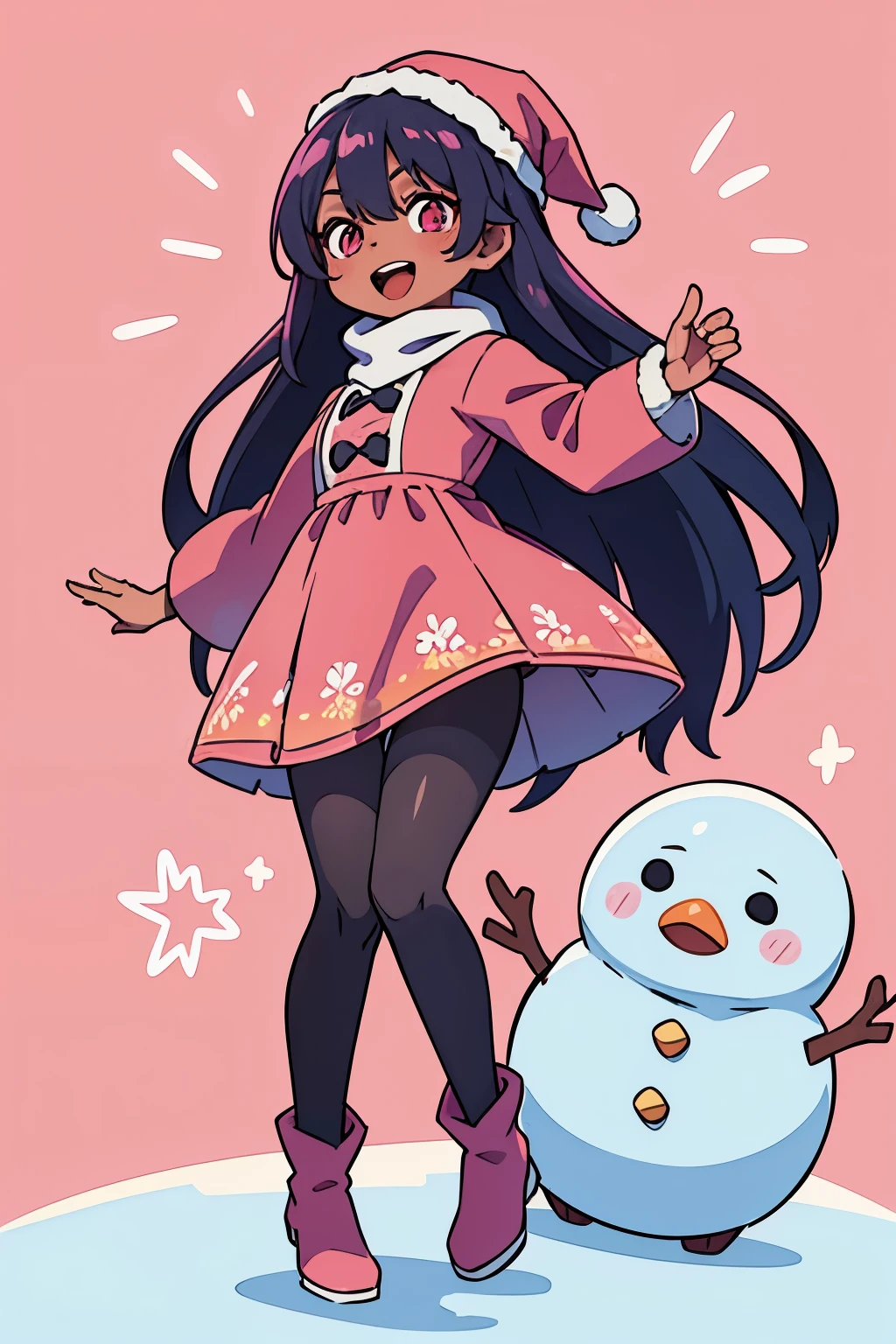 Stand in front of the photo、1girl in, (((dark skin))), Full body,long pink hair,long boots,Open mouth and big smile、kawaii pose、Flowing iridescent silk、Wearing colored tights、up of face、Eye Up、Colorcon with heart pattern、Floral dress、Posing with a snowman、snowscape、season!!: Winters☀ 🍂, snow, (pink background), santa, cold