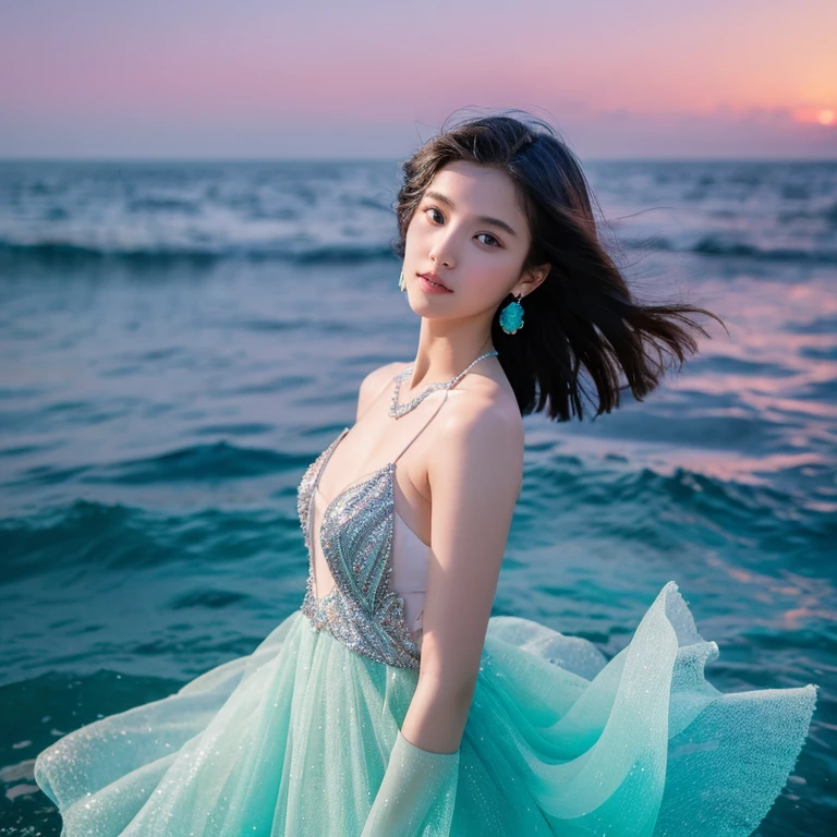 Seraphina's complexion radiates a soft luminescence, reminiscent of the moonlight reflecting on calm waters. Her eyes, a mesmerizing blend of azure and silver, capture the essence of an expansive sky on a clear day. Cascading down her shoulders, her flowing hair mirrors the undulating patterns of gentle ocean waves, tinged with hues of turquoise and seafoam green.
Adorned in a gown that shimmers like sunlight dancing on the water's surface, Seraphina wears colors that echo the sky during sunrise and sunset, transitioning seamlessly between warm oranges, pinks, and cool blues. Delicate jewelry, reminiscent of seashells and constellations, adorns her, emphasizing her connection to both the celestial heavens and the deep sea.