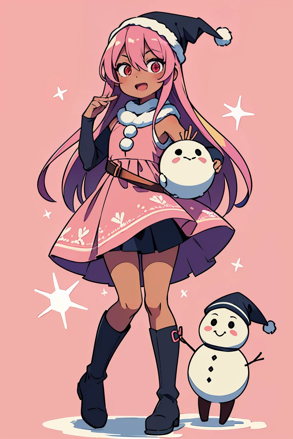 Stand in front of the photo、1girl in, (((dark skin))), Full body,long pink hair,long boots,Open mouth and big smile、kawaii pose、Flowing iridescent silk、Wearing colored tights、up of face、Eye Up、Colorcon with heart pattern、Floral dress、Posing with a snowman、snowscape、season!!: Winters☀ 🍂, snow, (pink background), santa, cold