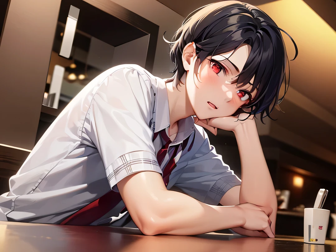 masterpiece、hightquality、Night, Angle from below, low angles, (25 year old man with red eyes:1.5)、(Wears a white shirt:1.5)、(Alone:1.5)、(serious facial expression:1.1)、(Open mouth:1.1), Close-up of your face、(Only the upper body is shown.:1.3)、The background is a restaurant、sitting on、Bold composition、