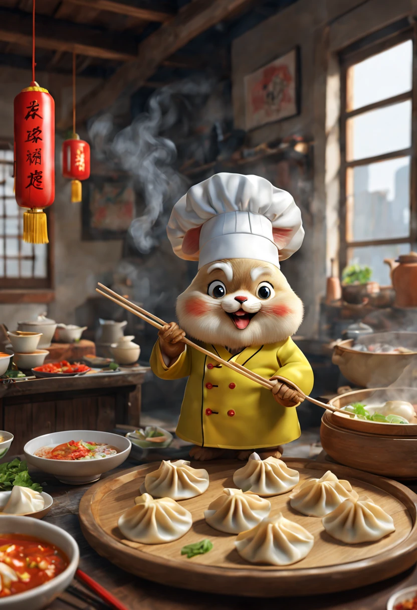 by Richard Scarry, cooking Chinese wontons, jiaozi, Dumplings, octane render, enhance, intricate, (masterpiece, Representative work, official art, Professional, unity 8k wallpaper:1.3)