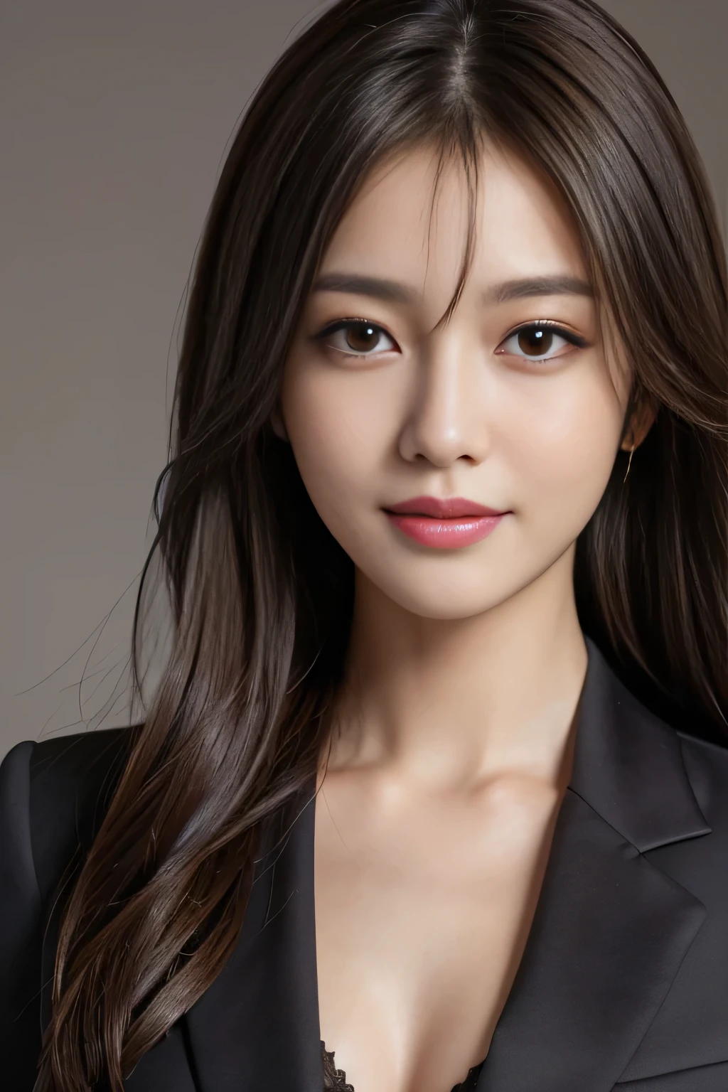 Best quality, realistically, ultra - detailed, Detailed pubic hair, A high resolution, solid color backdrop，8k wallpaper, 1 Beautiful woman,,light brown messy hair, Wear a dark suit, lock focus, Perfect dynamic composition, beautidful eyes, Delicate hair, 细致realistically的皮肤纹理, Smiling, closeup portrait, Model body type