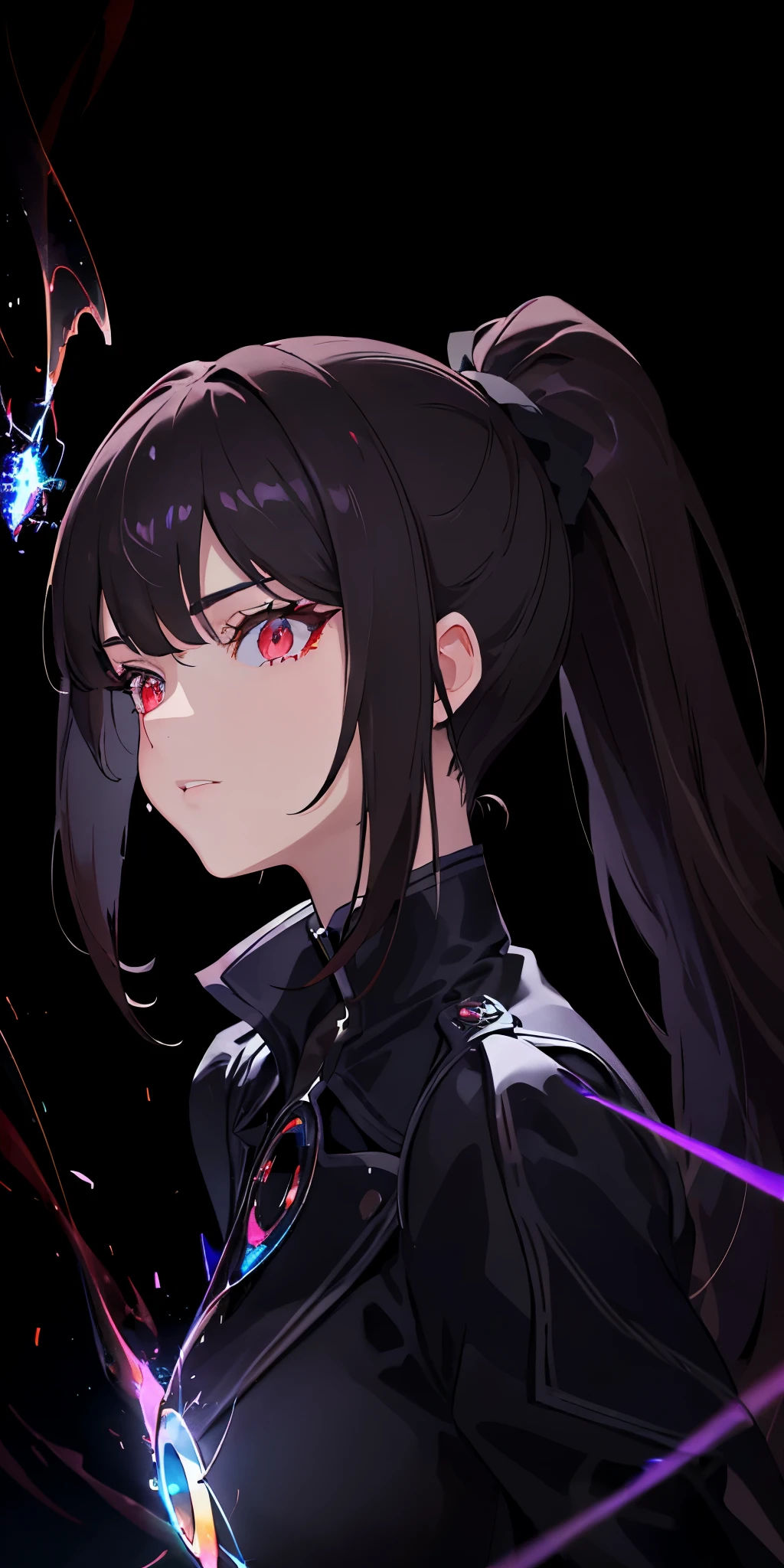 Superb detail, fine detail, chromatic aberration, 1girl, long hair, black hair, messy hair, red highlights, hair in one eye, red eyes, sharp eyes, choker, neon shirt, torn tights, open coat, against the wall, graffiti, dim lighting, alley