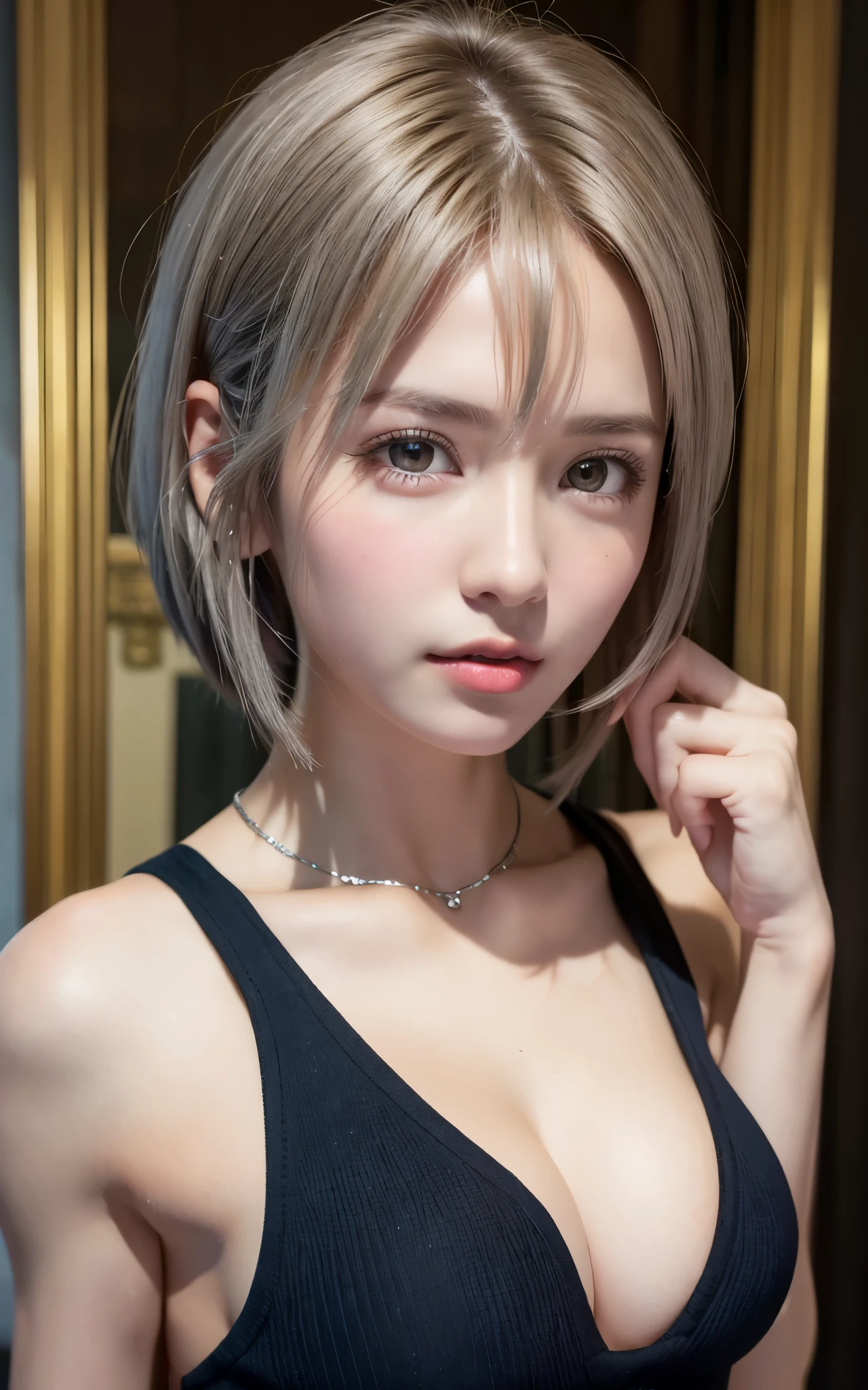 (8K, Photorealistic, Raw photo, of the highest quality: 1.3), (1girl in), Super beautiful, (Realistic face), (boyish, Silver Color Berry Shorthair), Beautiful , Glare that captivates the viewer, Beautiful expression, Beautiful breasts, (Realistic skin), Be...