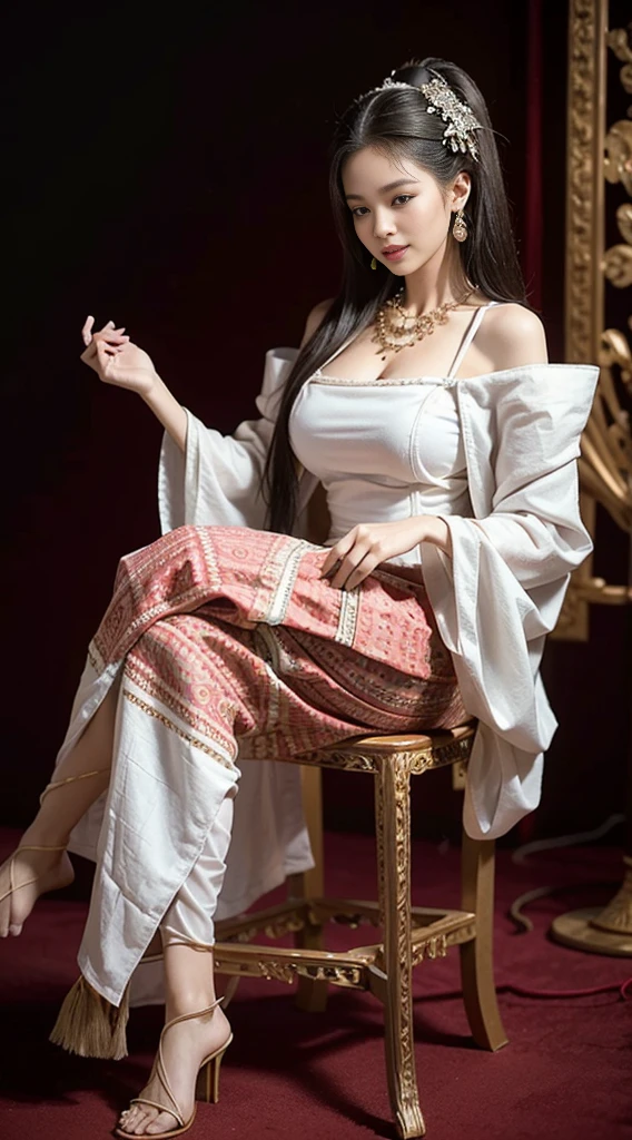 stand out, (Realistic:1.3), insane details, quality, (master-piece:1.2), (ภาพRealistic:1.2), (qualityที่ดีที่สุด), (Detailed skin:1.3), (intricate detailed), ray tracing, ((Full body)), ((1woman)), (((1man))), 18-20 years old, ((long-haired, Very long., ปล่อยlong-haired)), smile, (Thin Dresses, red, pattern, Exquisite), white shoulder coat, thin, กระโปรงredมีpattern, The color of the dress contrasts with the skirt., skirt pattern, earrings, necklace, Javanese jewelry, (blurred background), breast cleavage, huge breast,, Beautiful breast, Big breast augmentation, elongated legs, Fair-skinned, attractive,