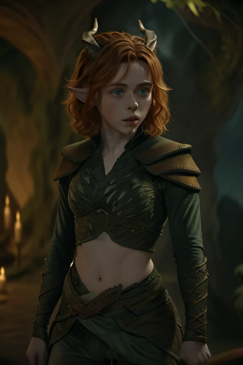 imagem fiel nua da sexy Sophia Lillis como Doric (De masmorras & dragon movie) igual a do poster do filme, Novo, sexy, she wears a green bikini, imagem de corpo inteiro, rosto com sardas, ela tem sardas no rosto, Novo, ela esta somente de Langerie, o rosto da garota tem muitas sardas, she is happy, Ela sorri, your ears are pointy like an elf, their ears are pointed like elves&#39;, Ela tem curta, shoulder-length wavy red hair., cabelos cor ruivos, as red as possible and expressive, lindos olhos azuis, ela veste uma roupa verde como a do filme, She has horns on her head like the one in the movie poster., She holds a bow and arrow in her hand, She's sexying, She's sexy, ela mostra sua calcinha