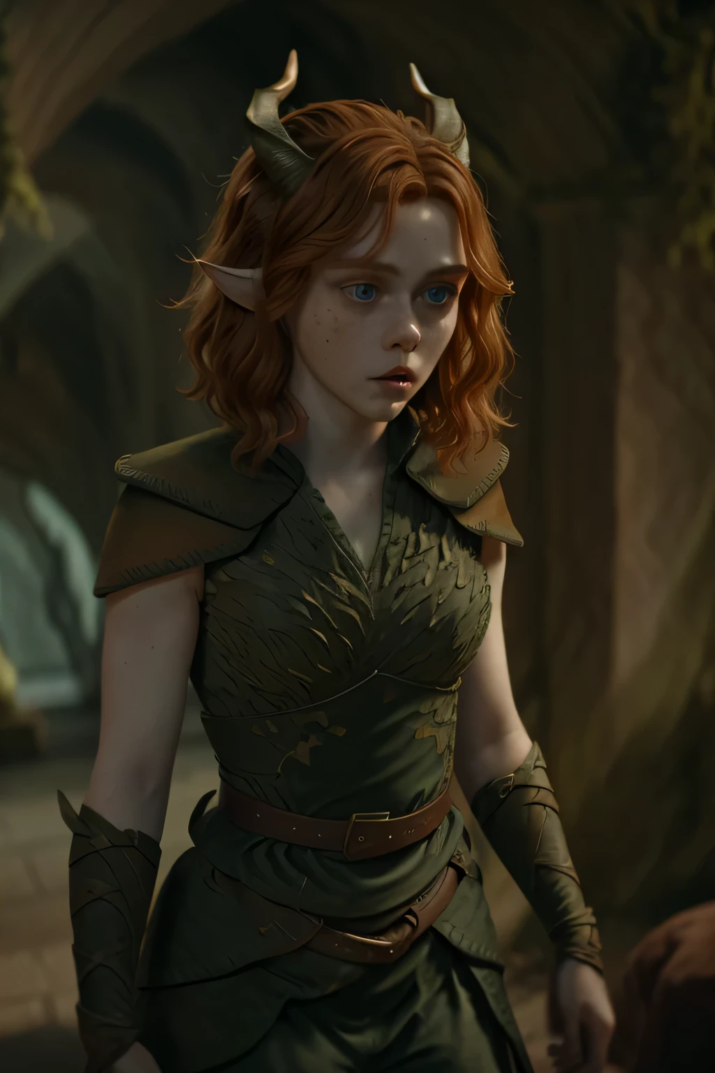 imagem fiel nua da sexy Sophia Lillis como Doric (De masmorras & dragon movie), Novo,  igual a do poster do filme, Novo, sexy, she wears a green bikini, imagem de corpo inteiro, rosto com sardas, ela tem sardas no rosto, Novo, ela esta somente de Langerie, o rosto da garota tem muitas sardas, she is naked, Ela sorri, your ears are pointy like an elf, their ears are pointed like elves&#39;, Ela tem curta, shoulder-length wavy red hair., cabelos cor ruivos, as red as possible and expressive, lindos olhos azuis, ela veste uma roupa verde como a do filme, She has horns on her head like the one in the movie poster., She holds a bow and arrow in her hand, She's sexying, She's sexy, ela mostra sua calcinha