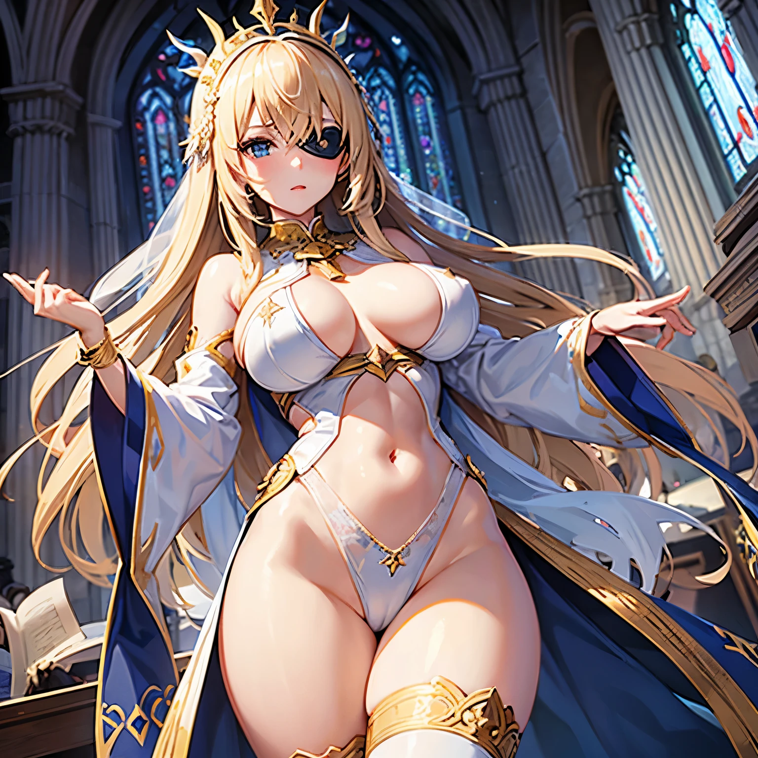 finest image, detailed, delicate, flashy and dynamic depiction, black eye mask, beautiful priestess woman, white sheer rope, white and blue sheer costume, large breasts, abs, slender, perfect proportion, blonde hair, amorous expression, lewd expression, background church cathedral with gorgeous stained glass, scattered gold dust, professional lighting