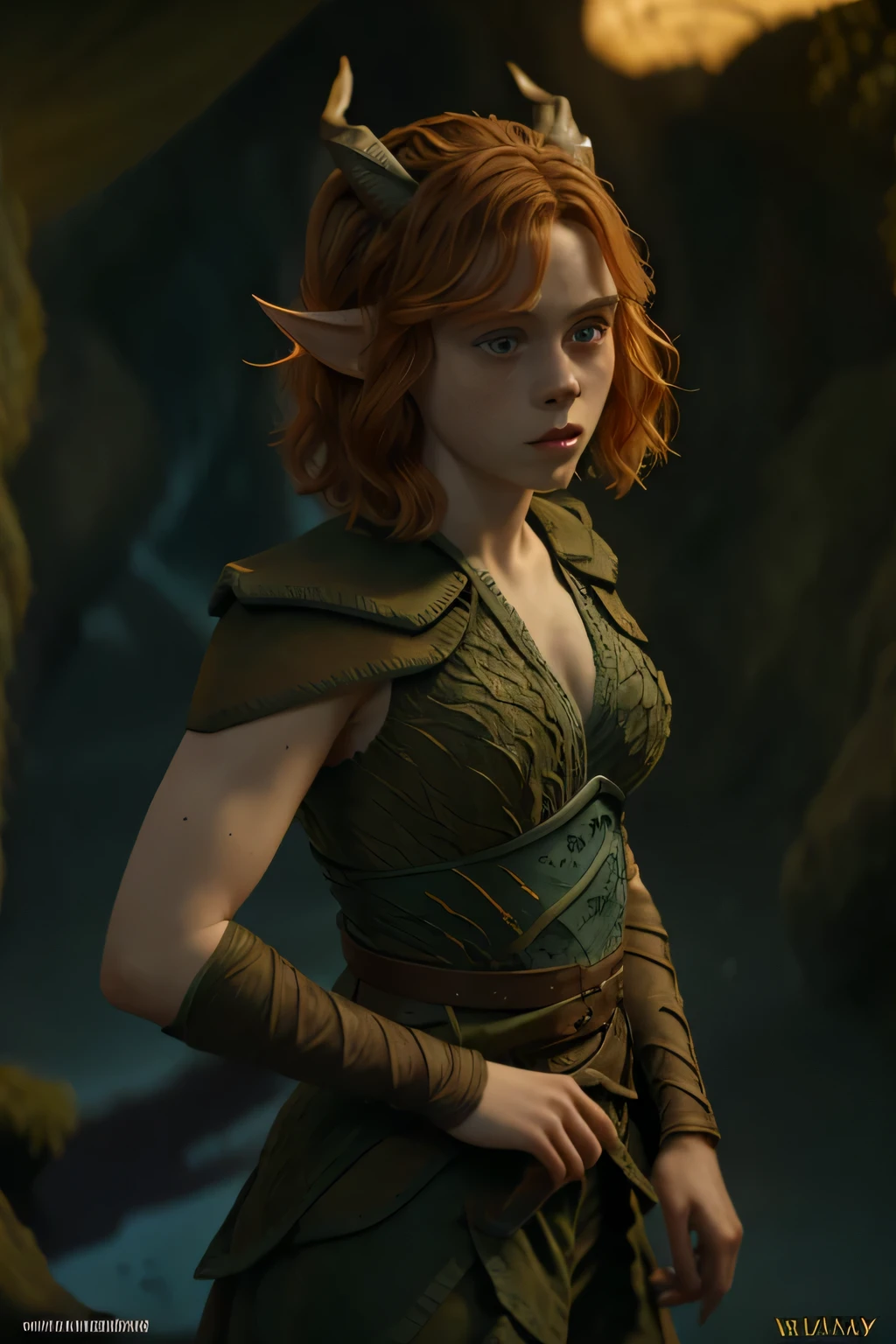 imagem fiel nua da sexy Sophia Lillis como Doric (De masmorras & dragon movie), Novo,  igual a do poster do filme, Novo, sexy, she wears a green bikini, imagem de corpo inteiro, rosto com sardas, ela tem sardas no rosto, Novo, ela esta somente de Langerie, o rosto da garota tem muitas sardas, she is naked, Ela sorri, your ears are pointy like an elf, their ears are pointed like elves&#39;, Ela tem curta, shoulder-length wavy red hair., cabelos cor ruivos, as red as possible and expressive, lindos olhos azuis, ela veste uma roupa verde como a do filme, She has horns on her head like the one in the movie poster., She holds a bow and arrow in her hand, She's sexying, She's sexy, ela mostra sua calcinha