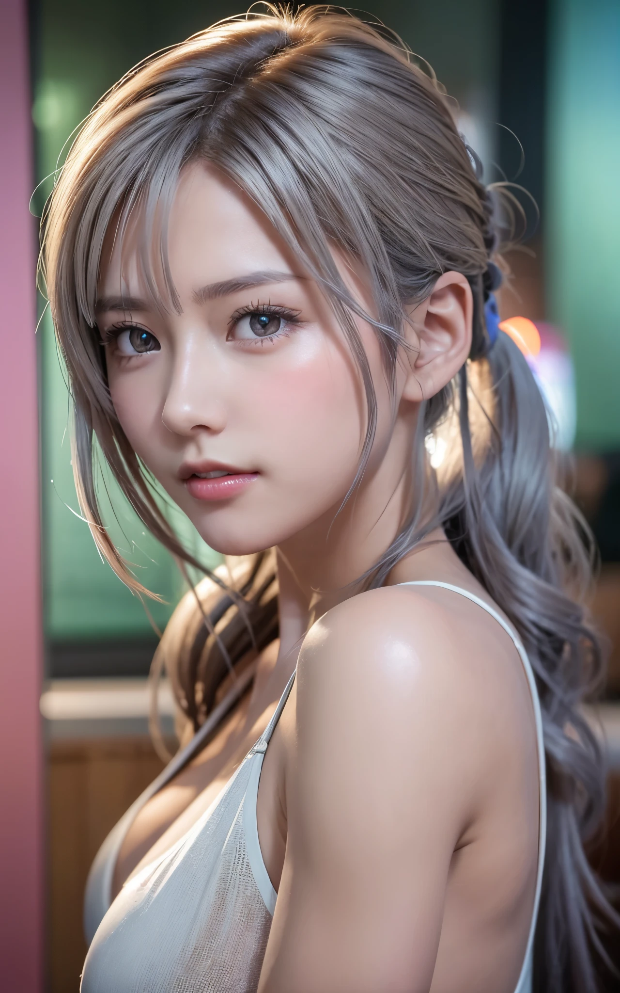 (8K, Photorealistic, Raw photo, of the highest quality: 1.3), (1girl in), Super beautiful, (Realistic face), (boyish, Silver Color Berry Shorthair), Beautiful , Glare that captivates the viewer, Beautiful expression, Beautiful breasts, (Realistic skin), Be...