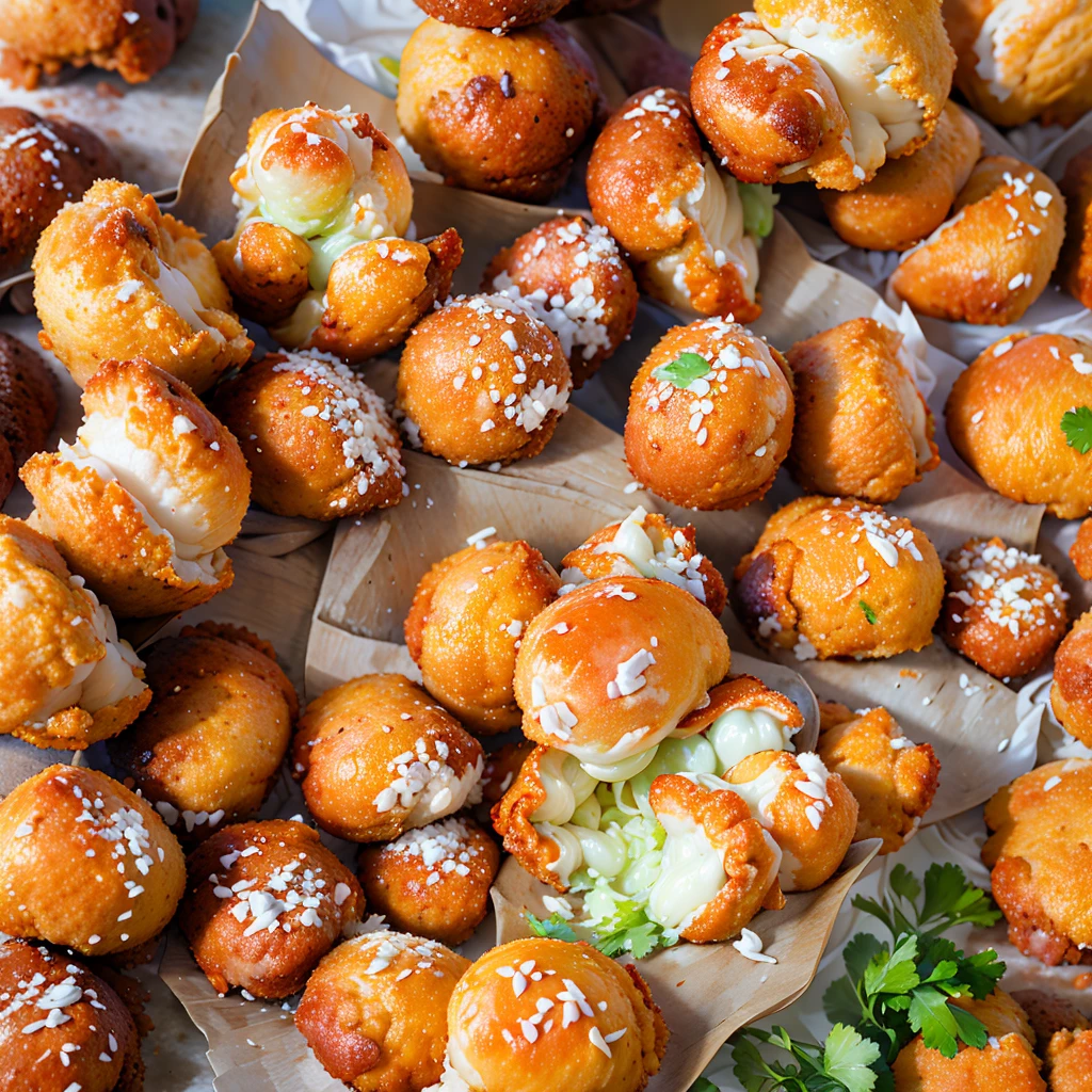 a delicious bolinho on a plate,traditional brazilian street food,deep-fried dough filled with cheese and meat,tasty and mouthwatering,crunchy on the outside and soft on the inside,[warm,hot] and freshly made,[golden-brown,crispy] crust,[meaty,gooey] cheese filling,flavorful and savory bites,bursting with melted cheese and juicy meat,freshly fried aroma,tempting and irresistible treat,dusted with powdered sugar,garnished with fresh herbs,rich and indulgent snack,colorful and vibrant presentation,traditional Brazilian flavors,made with love and passion,[mouth-watering,drool-worthy] street food experience,authentic taste that captures the essence of Brazil,stunning visual appeal,perfectly balanced combination of textures and flavors,[mouthwatering photos that make you want to take a bite,visually pleasing image that entices the viewer]