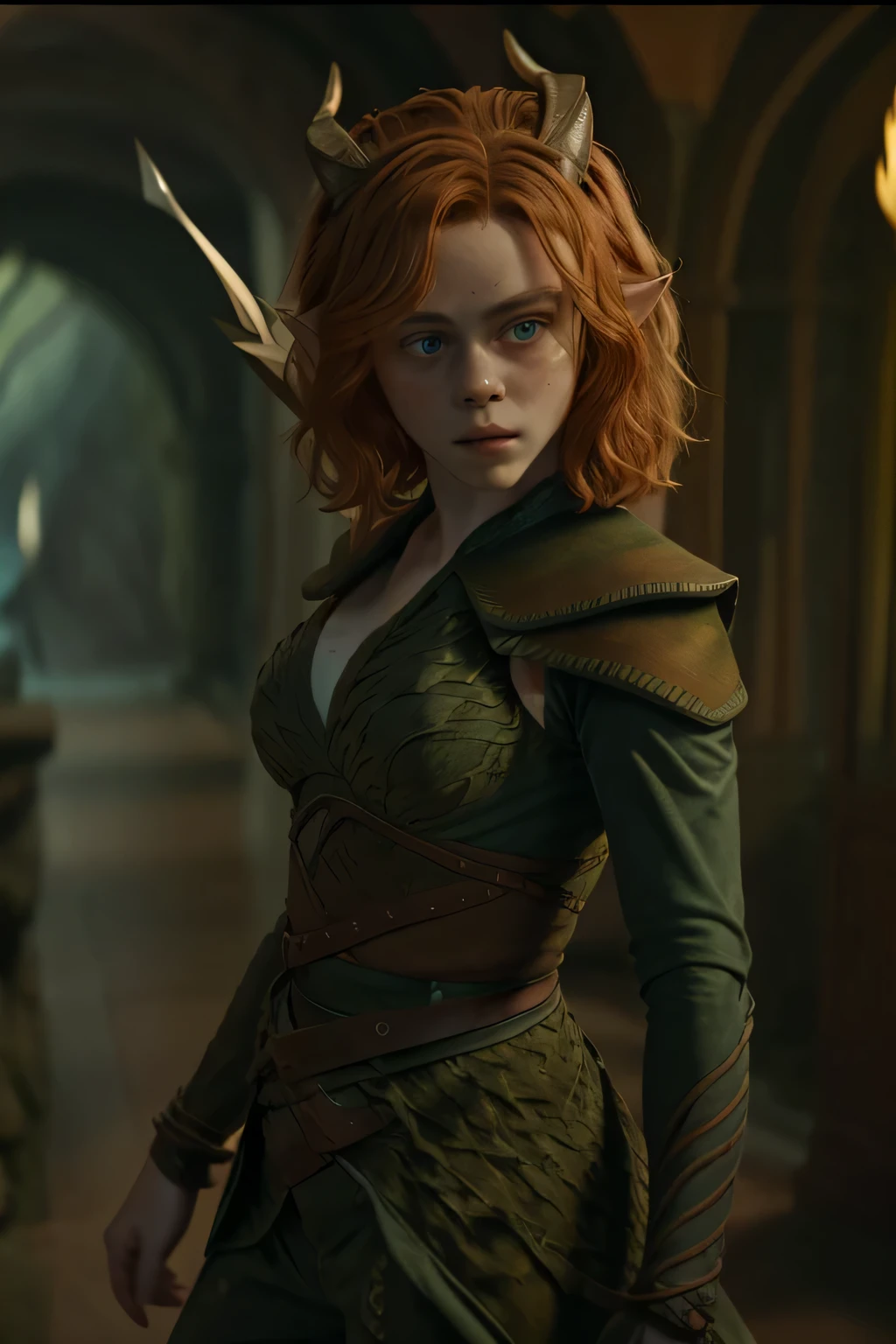 imagem fiel nua da sexy Sophia Lillis como Doric (De masmorras & dragon movie), Novo, igual a do poster do filme, Novo, sexy, she wears a green bikini, imagem de corpo inteiro, rosto com sardas, ela tem sardas no rosto, Novo, ela esta somente de Langerie, o rosto da garota tem muitas sardas, she is naked, Ela sorri, your ears are pointy like an elf, their ears are pointed like elves&#39;, Ela tem curta, shoulder-length wavy red hair., cabelos cor ruivos, as red as possible and expressive, lindos olhos azuis, ela veste uma roupa verde como a do filme, She has horns on her head like the one in the movie poster., She holds a bow and arrow in her hand, She's sexying, She's sexy, ela mostra sua calcinha