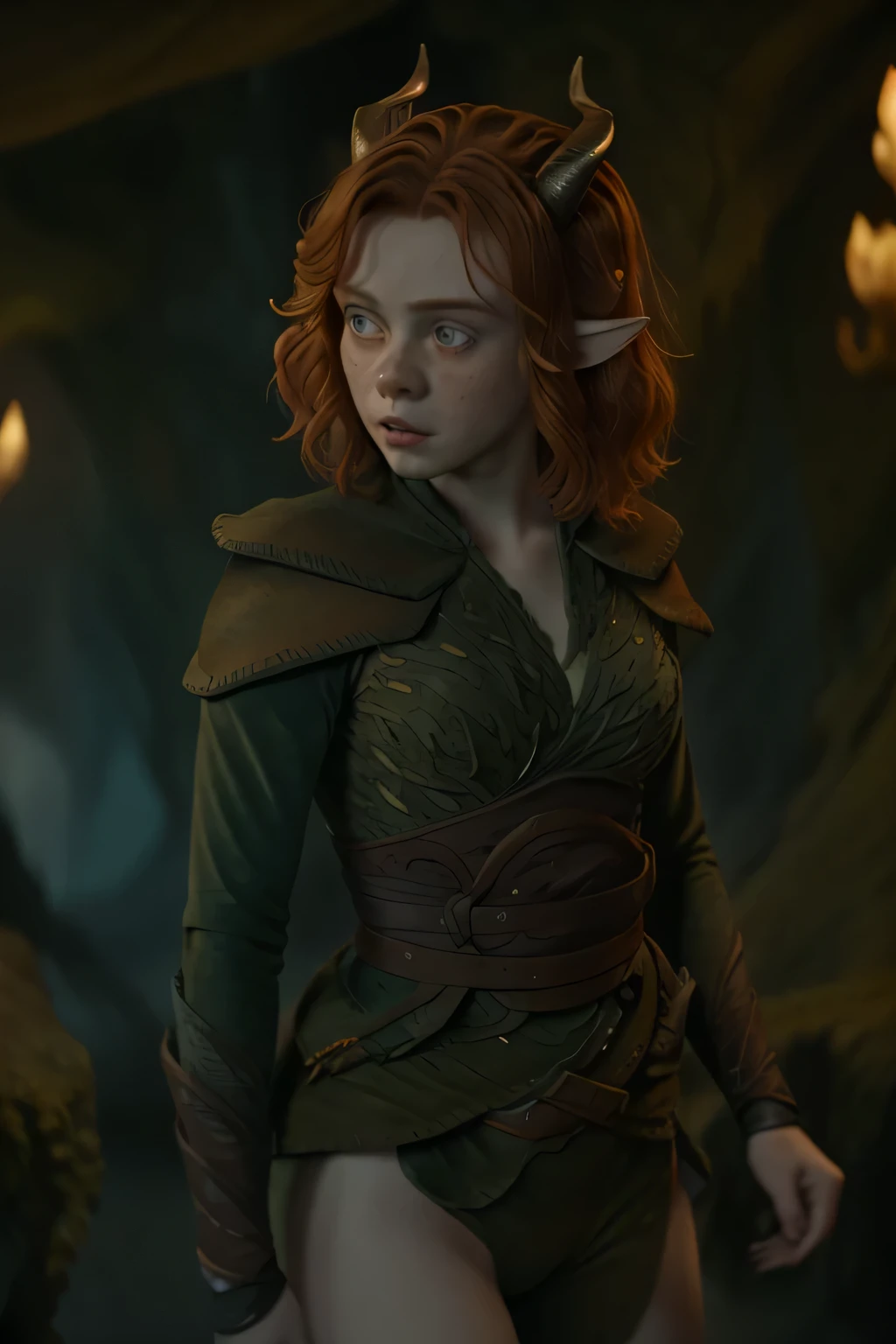 imagem fiel nua da sexy Sophia Lillis como Doric (De masmorras & dragon movie), Novo, igual a do poster do filme, Novo, sexy, she wears a green bikini, imagem de corpo inteiro, rosto com sardas, ela tem sardas no rosto, Novo, ela esta somente de Langerie, o rosto da garota tem muitas sardas, she is naked, Ela sorri, your ears are pointy like an elf, their ears are pointed like elves&#39;, Ela tem curta, shoulder-length wavy red hair., cabelos cor ruivos, as red as possible and expressive, lindos olhos azuis, ela veste uma roupa verde como a do filme, She has horns on her head like the one in the movie poster., She holds a bow and arrow in her hand, She's sexying, She's sexy, ela mostra sua calcinha