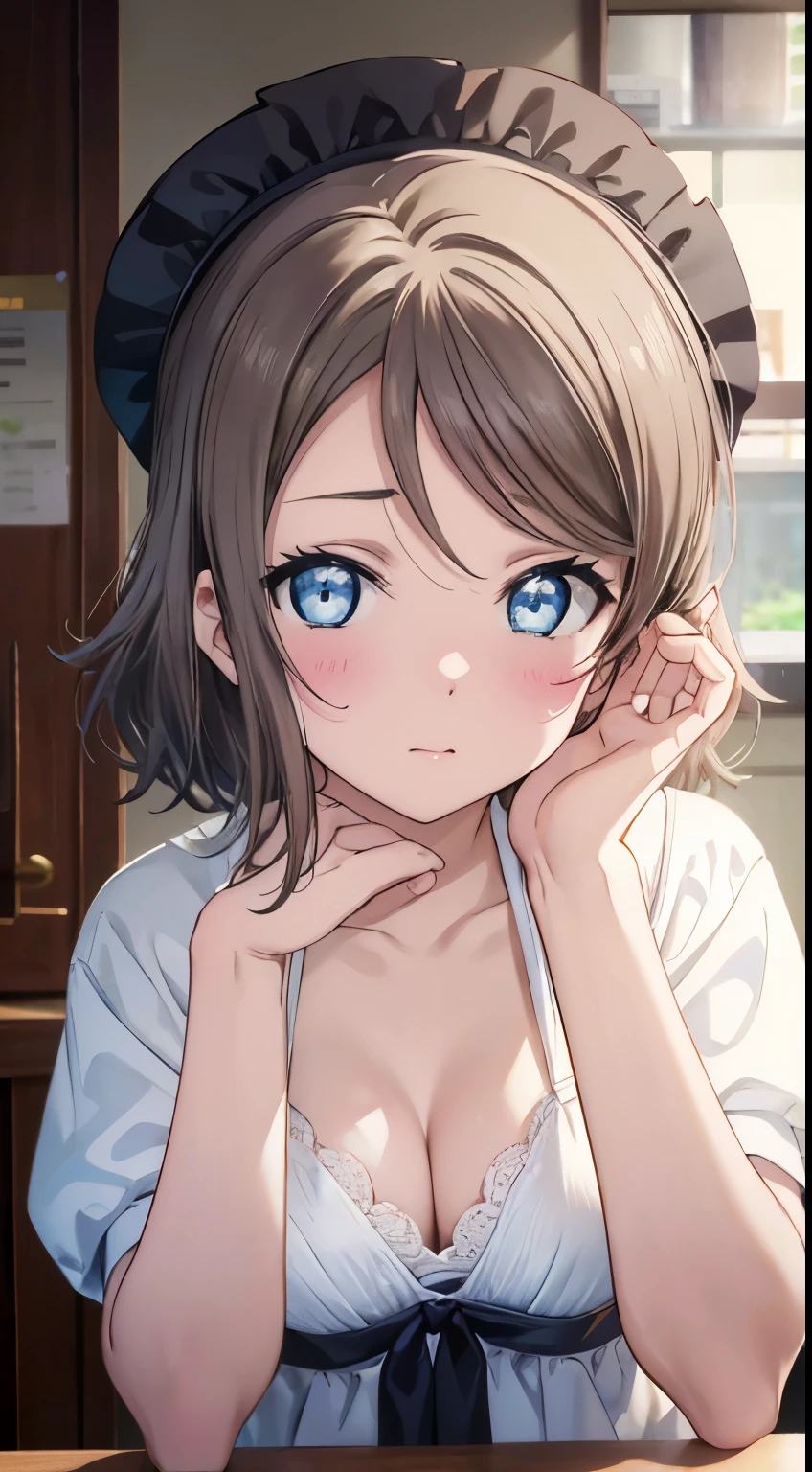 Washstand、Underwear、full bodyesbian、white panty、White bra、Pubic hair shows through、red blush, ((Very detailed)), (Perfectly detailed face), (Highly detailed hands),you_watanabe