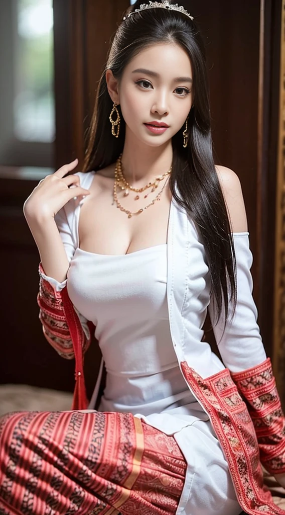 , (Realistic:1.3), insane details, quality, (master-piece:1.2), (ภาพRealistic:1.2), (qualityที่ดีที่สุด), (Detailed skin:1.3), (intricate detailed), ray tracing, ((Full body)), ((1woman)), (((1man))), 18-20 years old, ((long-haired, Very long., ปล่อยlong-haired)), smile, Red tank top, thin, white shoulder coat, thin, red skirt with pattern, Contrasting colors with dresses and skirts, skirt pattern, earrings, necklace, Javanese jewelry, (blurred background), breast cleavage, huge breast,, Beautiful breast, Big breast augmentation, elongated legs, Fair-skinned, attractive, stand, on the crate,