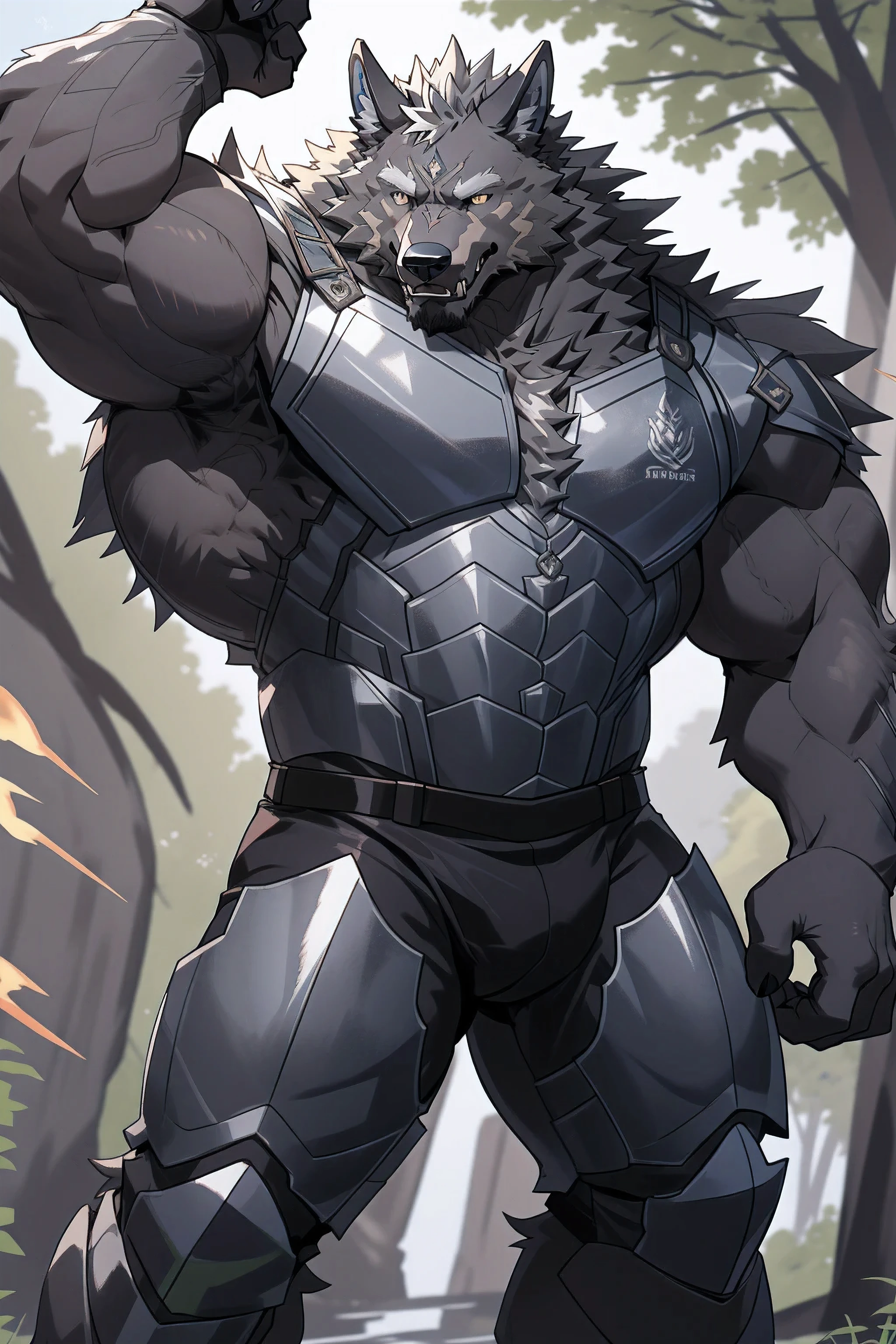 there is a man with a horned face and a sword, мускулистый werewolf, a minotaur wolf, commission for high res, anthropomorphic wolf male, full body close-up shot, злой высокоморальный сексуальный werewolf, Like Titanium, Wolf armor, sfw version, Fenrir, werewolf", Человек-werewolf, fluffy chest, Dark Grey Wolf O'Donnell