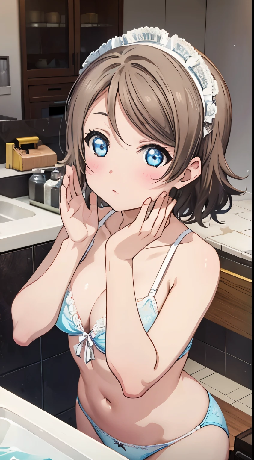 Washstand、Underwear、full bodyesbian、white panty、White bra、Pubic hair shows through、red blush, ((Very detailed)), (Perfectly detailed face), (Highly detailed hands),you_watanabe