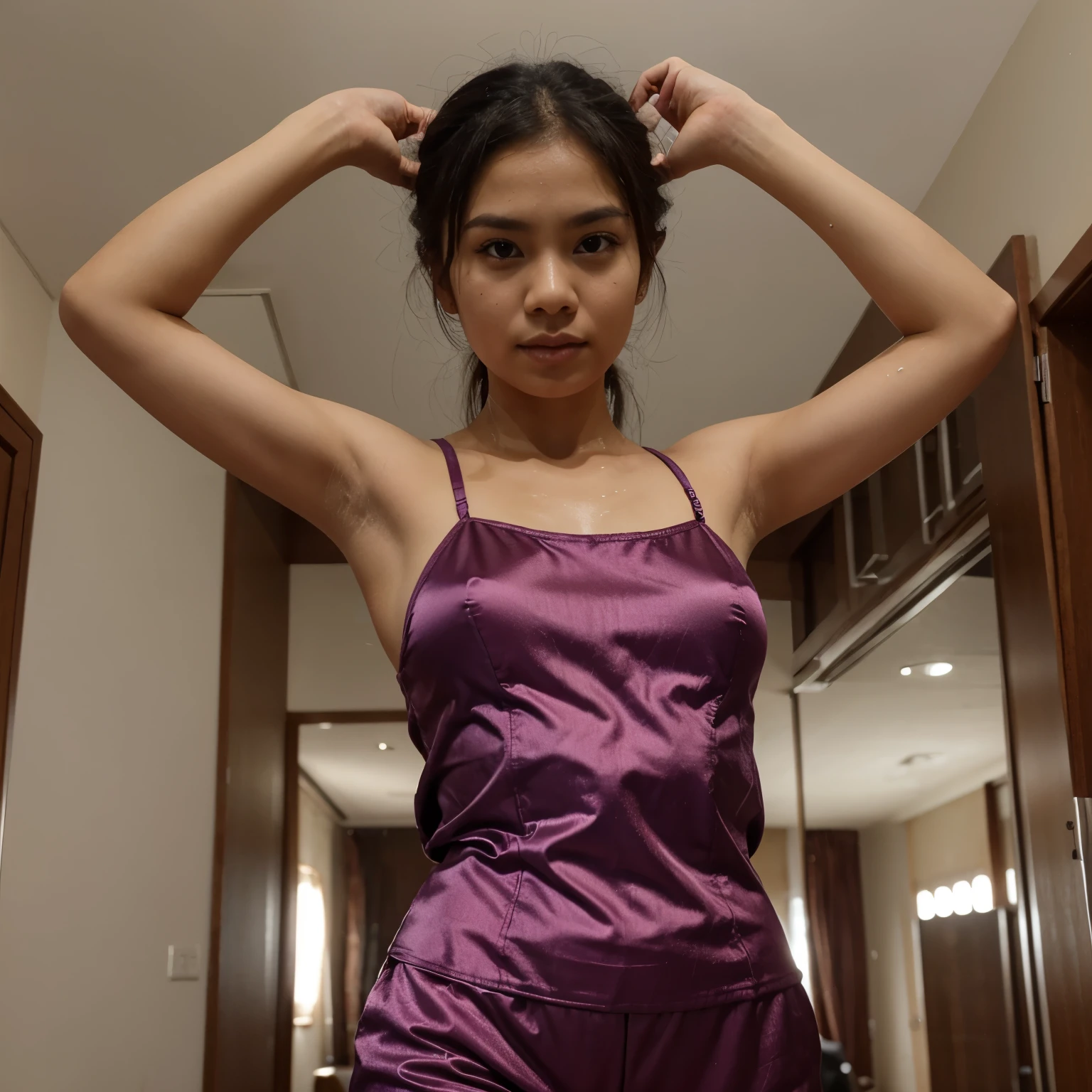 1 malay girl, wearing satin clothes, raise hand up, sweaty armpit, best quality