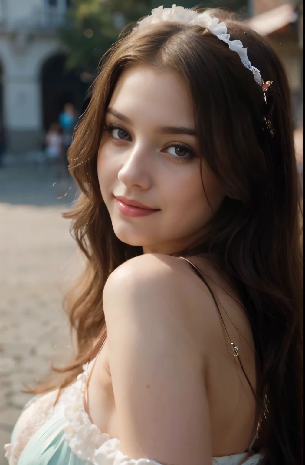 (best quality,highres),voluptuous woman with long hair, young, lolita style, vibrant colors, porcelain skin, expressive eyes, playful smile, alluring charm, vintage fashion, dreamy atmosphere, soft lighting, intricate details