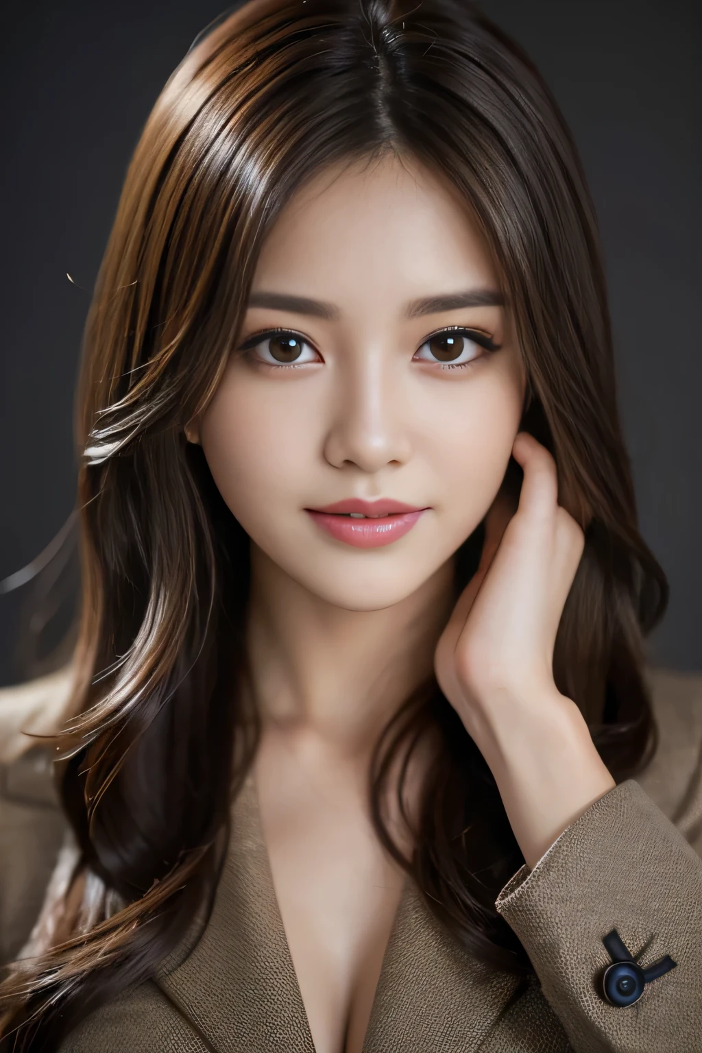 On a table,Best quality at best, realistically, ultra - detailed, Detailed pubic hair, A high resolution, solid color backdrop,8k wallpaper, 1 Beautiful woman,,light brown messy hair, Wear a dark suit, lock focus, Perfect dynamic composition, beautidful eyes, Delicate hair, 细致realistically的皮肤纹理, Smiling, closeup portrait, Model body type