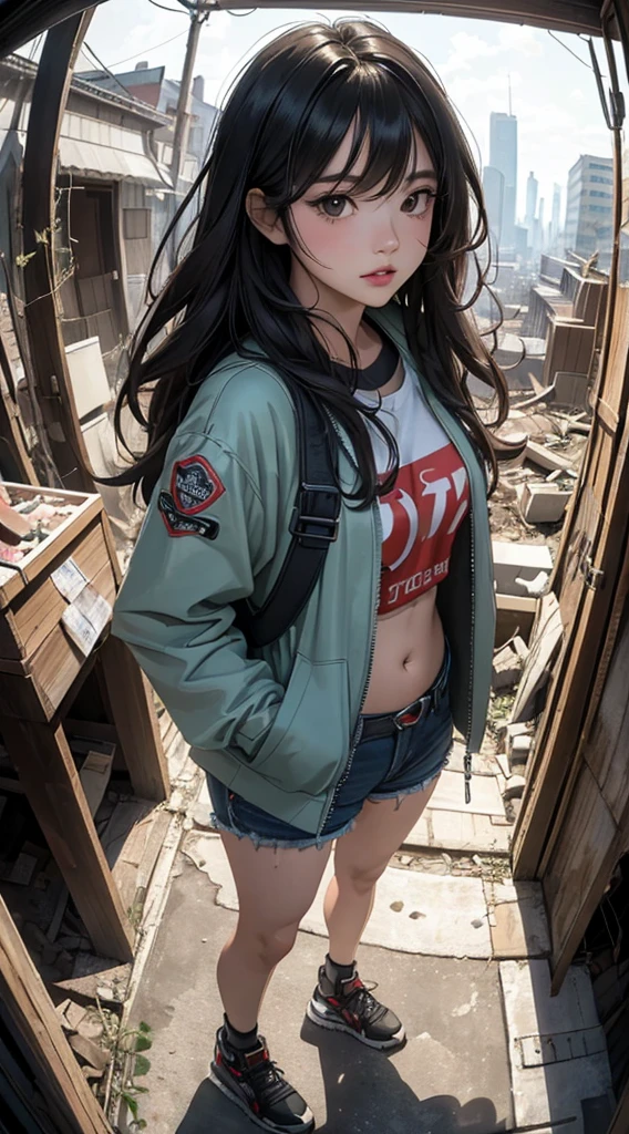 ((8k wallpaper of extremely detailed CG unit, masterpiece, hight resolution, top-quality)), (Beautuful Women, Plump lips, Hands in pockets:1.5, Grunge Fashion, Wearing a blouson:1.2, Wearing micro mini shorts:1.2, Wearing sneakers:1.1), ((extra detailed face, Highly detailed black eyes, extra detailed body, top-qualityのリアルテクスチャスキン)), (A dark-haired, hair messy, de pele branca, Small:1.3, Exposed belly), (rubble, devastated. Abandoned buildings, Sateen, Sateen天), (high-angle:1.1, Fisheye:1.3), hyper realisitic, digitial painting,