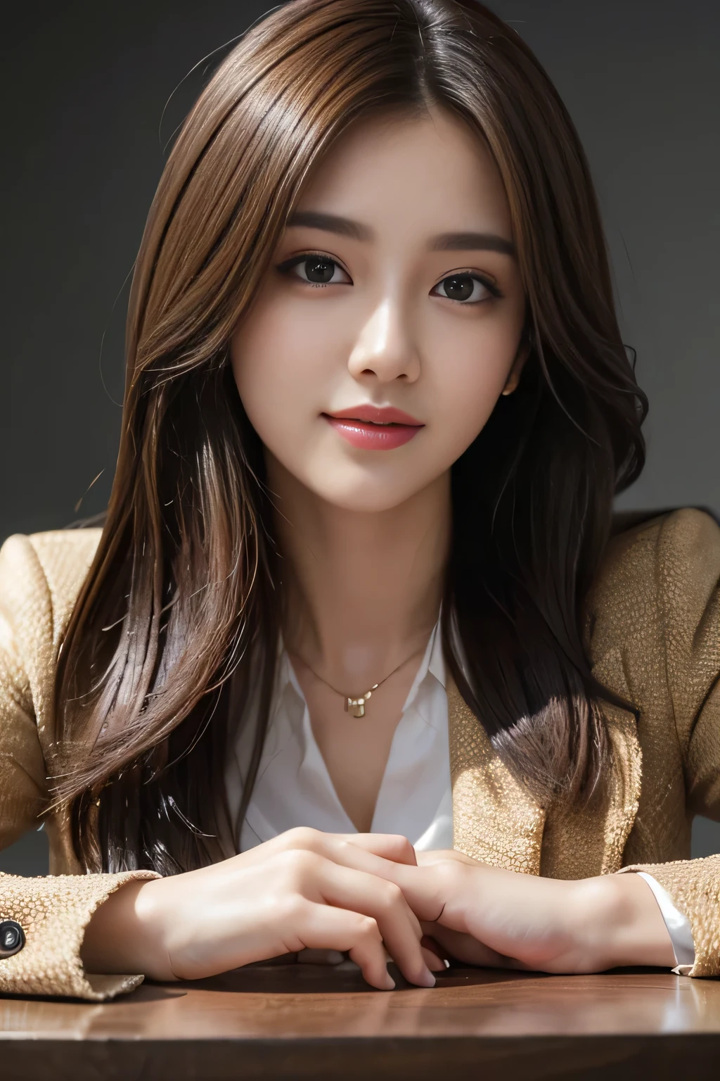 On a table，Best quality at best, realistically, ultra - detailed, Detailed pubic hair, A high resolution, solid color backdrop，8k wallpaper, 1 Beautiful woman,,light brown messy hair, Wear a dark suit, lock focus, Perfect dynamic composition, beautidful eyes, Delicate hair, 细致realistically的皮肤纹理, Smiling, closeup portrait, Model body type