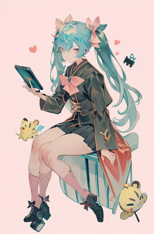 Masterpiece, лatчшим качеством, (Jirai_K),1girl, 独奏, Long_Hair, olhando_at_Viewer, рatбашке, dark blue Hair, Long_нарatкавники, bow, band, twintails, sitting, Monochrome, Hair_bow, Heart, Pink_eyes, stuffed_игрatшка, Pink_Background, stuffed_animal, atкрашенный оборками_Upskirt, Pink_bow, (fishnets), candy, штatкатatрка, Pink_рatбашке, platform_обatвь, Pink_subject, tablet, Зрачки в форме Heart,