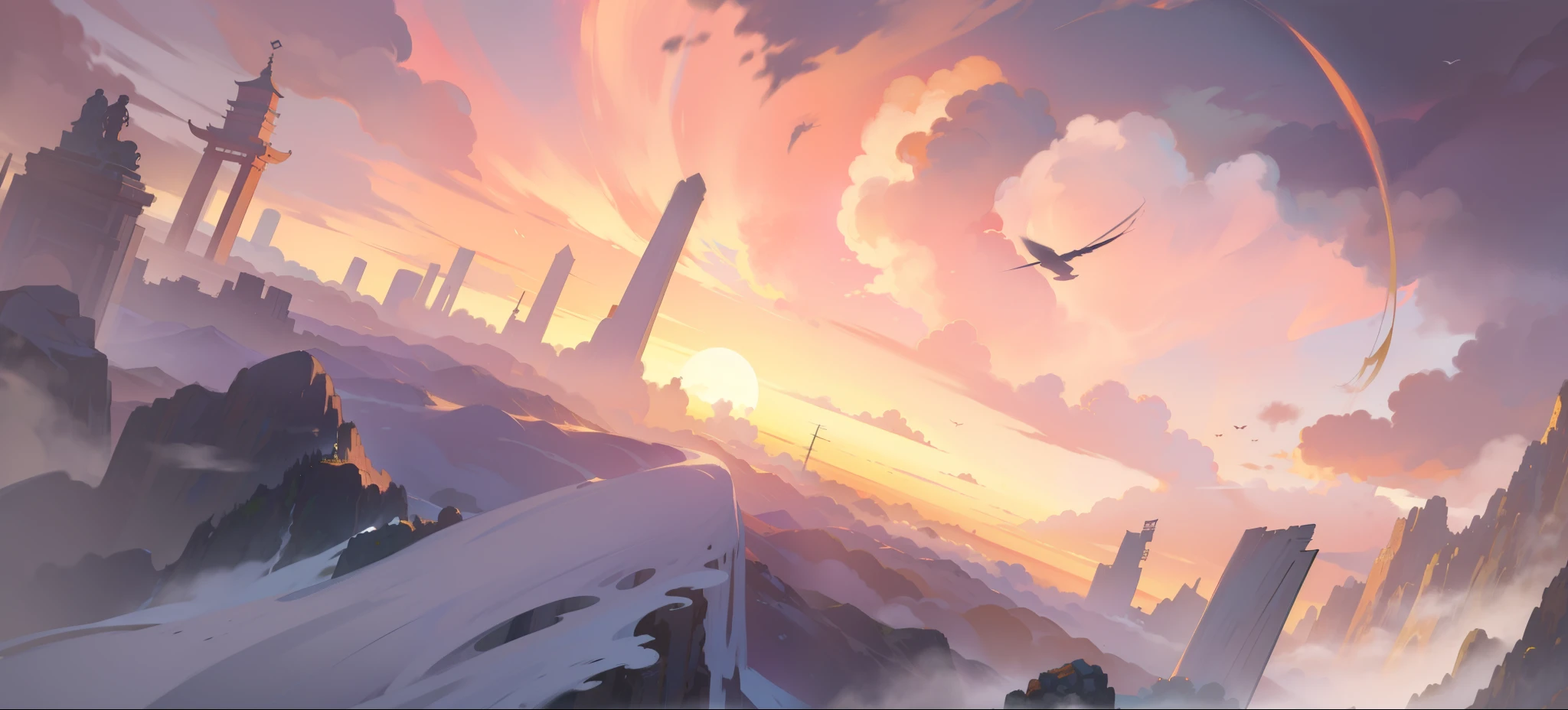 Faraway view,far off,overlooks,Cloud fog,Surrounded by clouds,cloud,naturey',Monte,mountain water,cloud,Sea of Clouds,screens,screens,the Tang Dynasty,three kingdoms,pic,with an antique feel,Ancient times,Studio Ghibli wallpaper, Ghibli inspired atmosphere Night atmosphere, orient,Flowers,Scenes