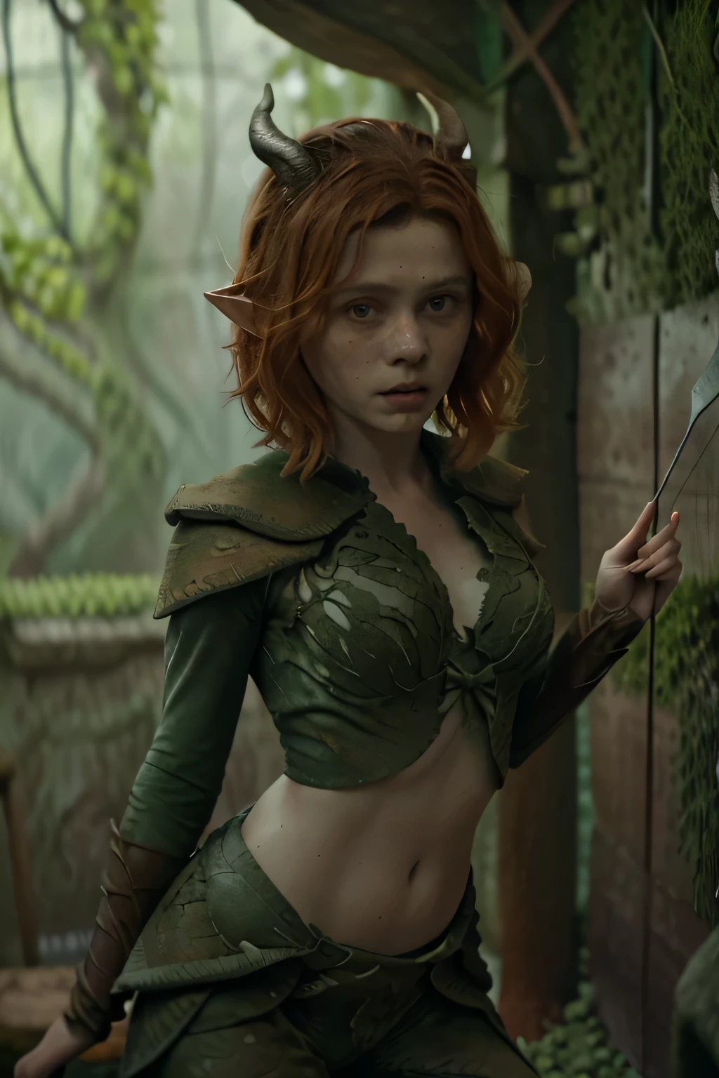 imagem fiel nua da sexy Sophia Lillis como Doric (De masmorras & dragon movie), Novo, igual a do poster do filme, Novo, sexy, She wears a green bikini, imagem de corpo inteiro, rosto com sardas, ela tem sardas no rosto, Novo, ela esta somente de Langerie, o rosto da garota tem muitas sardas, she is naked, Ela sorri, your ears are pointed like an elf&#39;s, your ears are pointy like elves&#39;, Ela tem curta, cabelo ruivo ondulado na altura dos ombros., cabelos cor ruivos, as red as possible and expressive, lindos olhos azuis, ela veste uma roupa verde como a do filme, She has horns on her head like the one in the movie poster.., She holds a bow and arrow in her hand, She's sexying, She's sexy, ela mostra sua calcinha