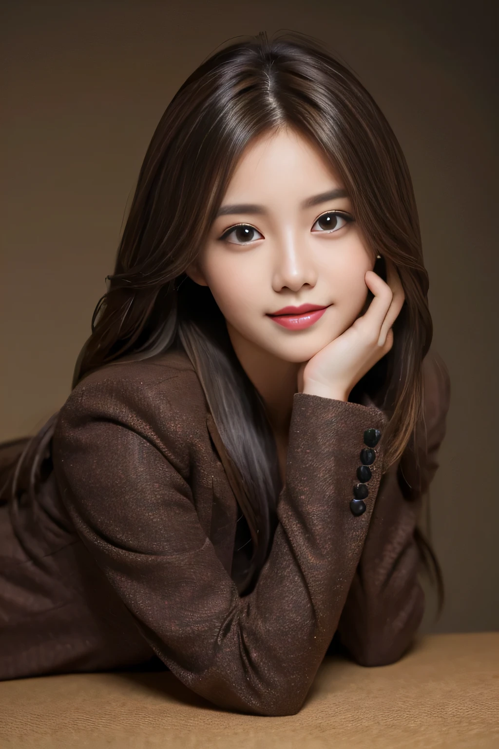 On a table，Best quality at best, realistically, ultra - detailed, Detailed pubic hair, A high resolution, solid color backdrop，8k wallpaper, 1 Beautiful woman,,light brown messy hair, Wear a dark suit, lock focus, Perfect dynamic composition, beautidful eyes, Delicate hair, 细致realistically的皮肤纹理, Smiling, closeup portrait, Model body type