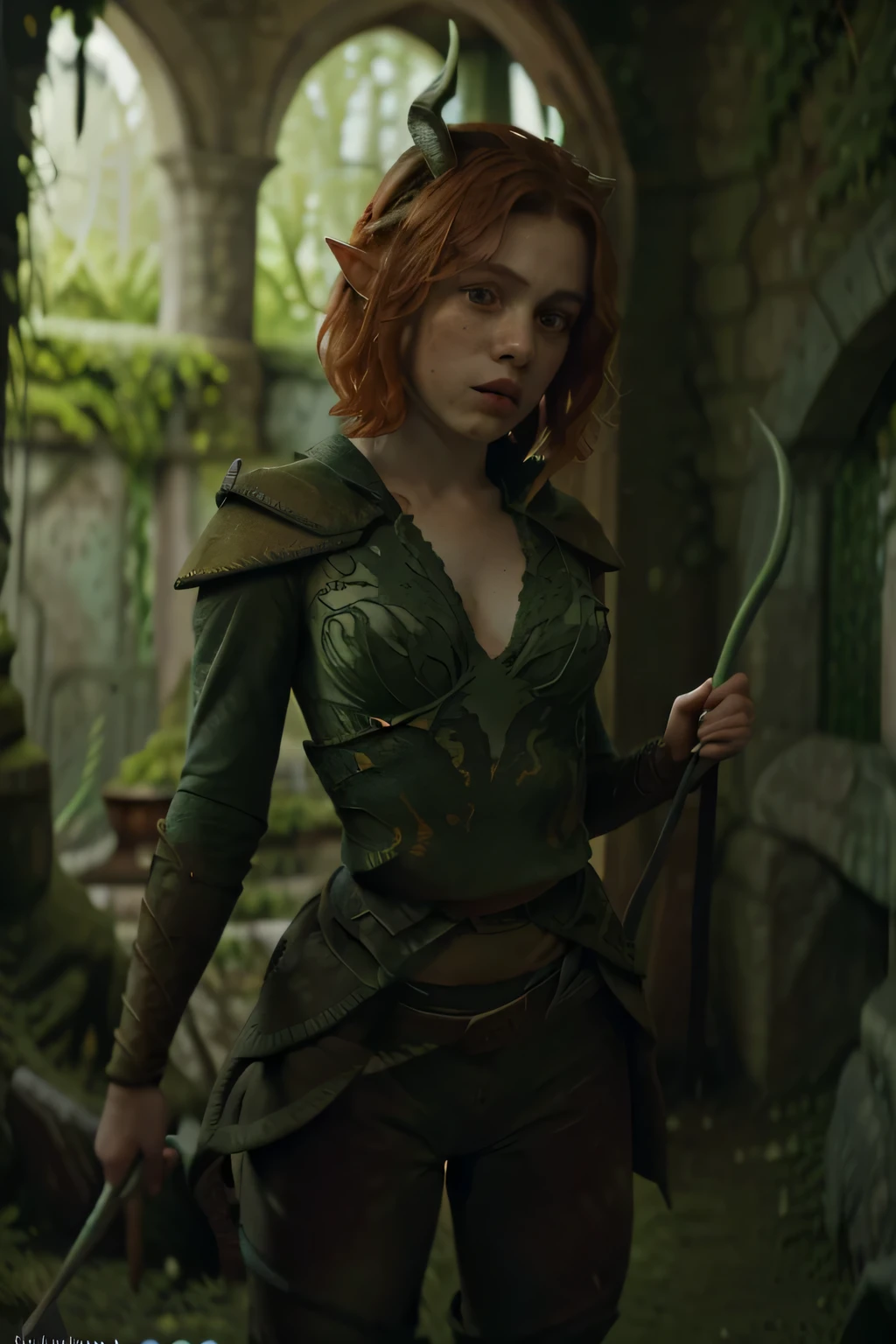 imagem fiel nua da sexy Sophia Lillis como Doric (De masmorras & dragon movie), Novo, igual a do poster do filme, Novo, sexy, She wears a green bikini, imagem de corpo inteiro, rosto com sardas, ela tem sardas no rosto, Novo, ela esta somente de Langerie, o rosto da garota tem muitas sardas, she is naked, Ela sorri, your ears are pointed like an elf&#39;s, your ears are pointy like elves&#39;, Ela tem curta, cabelo ruivo ondulado na altura dos ombros., cabelos cor ruivos, as red as possible and expressive, lindos olhos azuis, ela veste uma roupa verde como a do filme, She has horns on her head like the one in the movie poster.., She holds a bow and arrow in her hand, She's sexying, She's sexy, ela mostra sua calcinha